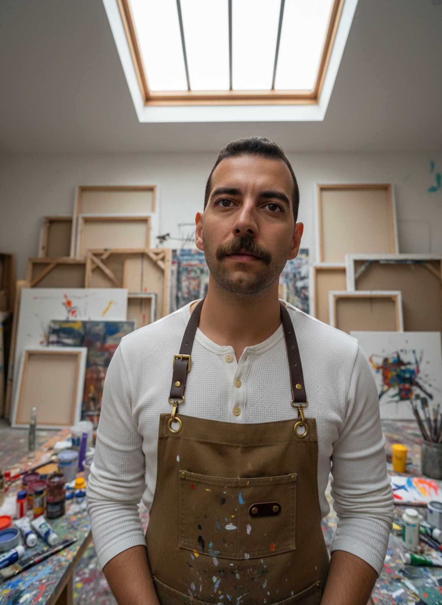 Person in canvas apron with curious expression in messy art studio with canvases and paint splatters