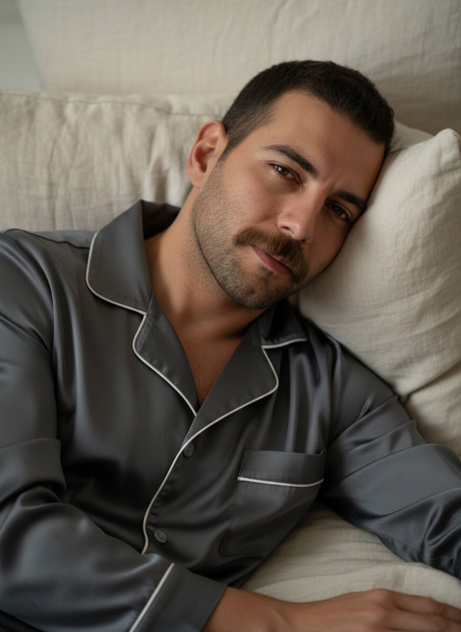 Person in charcoal silk pajama with sleepy soft gaze in minimalist bedroom with linen bedding