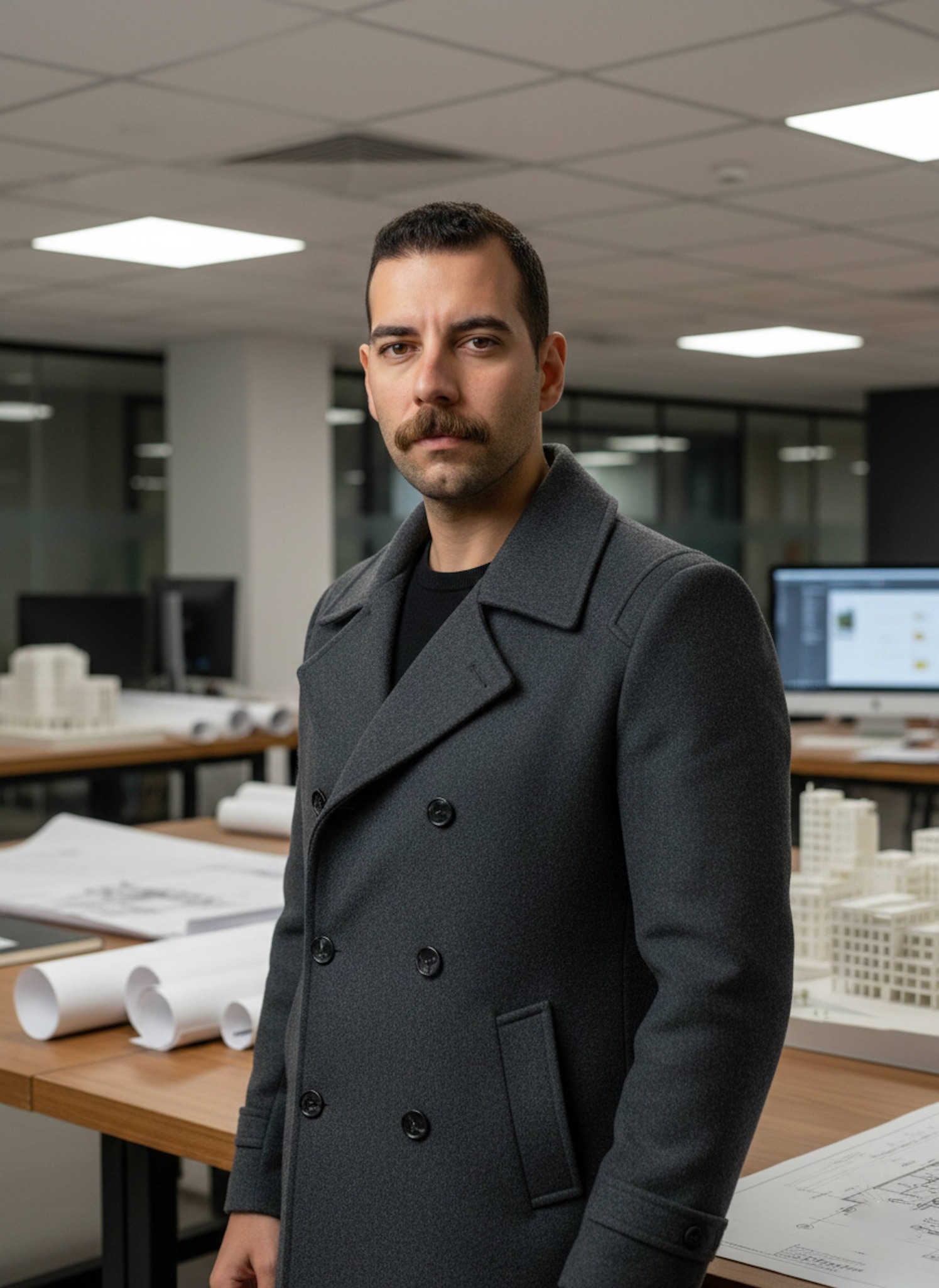 Person in charcoal pea coat with stern expression in architectural firm with blueprints and models
