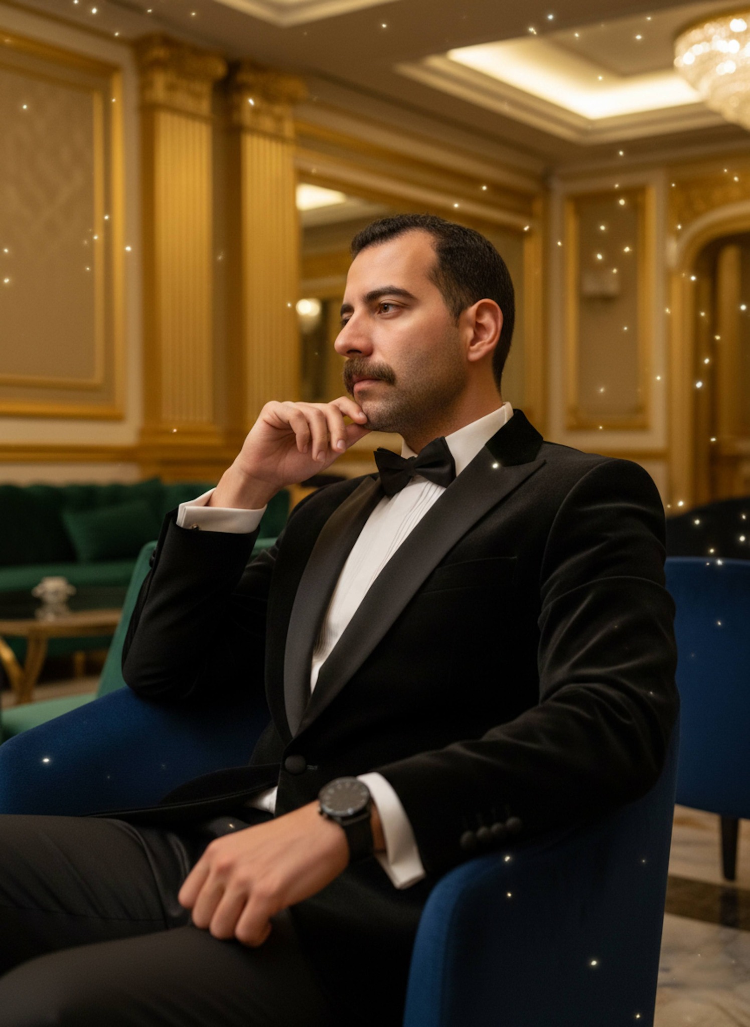 Person in tuxedo with chin on hand in luxury hotel lobby with gold accents and velvet furniture