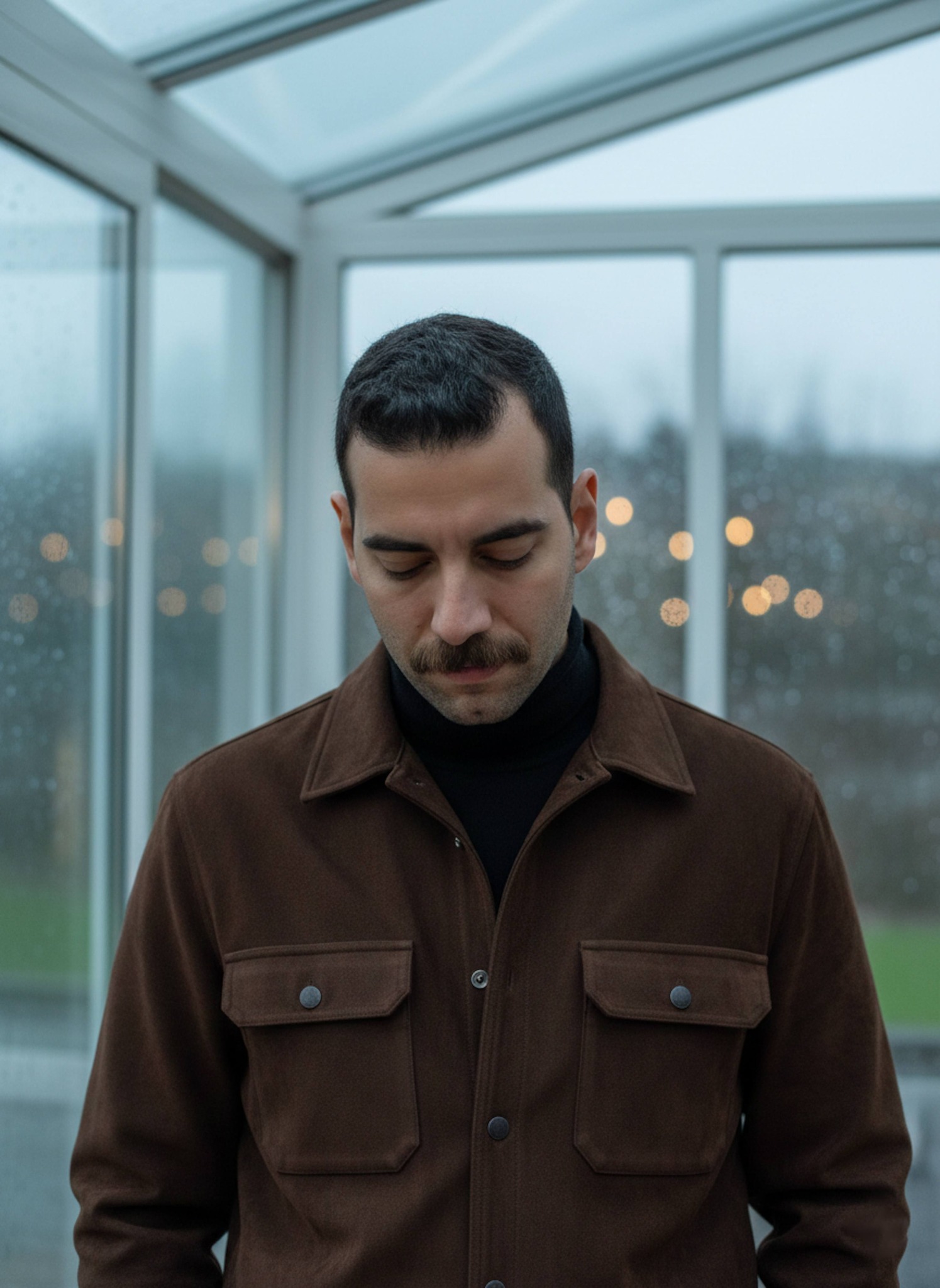 Person in brown suede overshirt in glass sunroom with rain streaming down windows