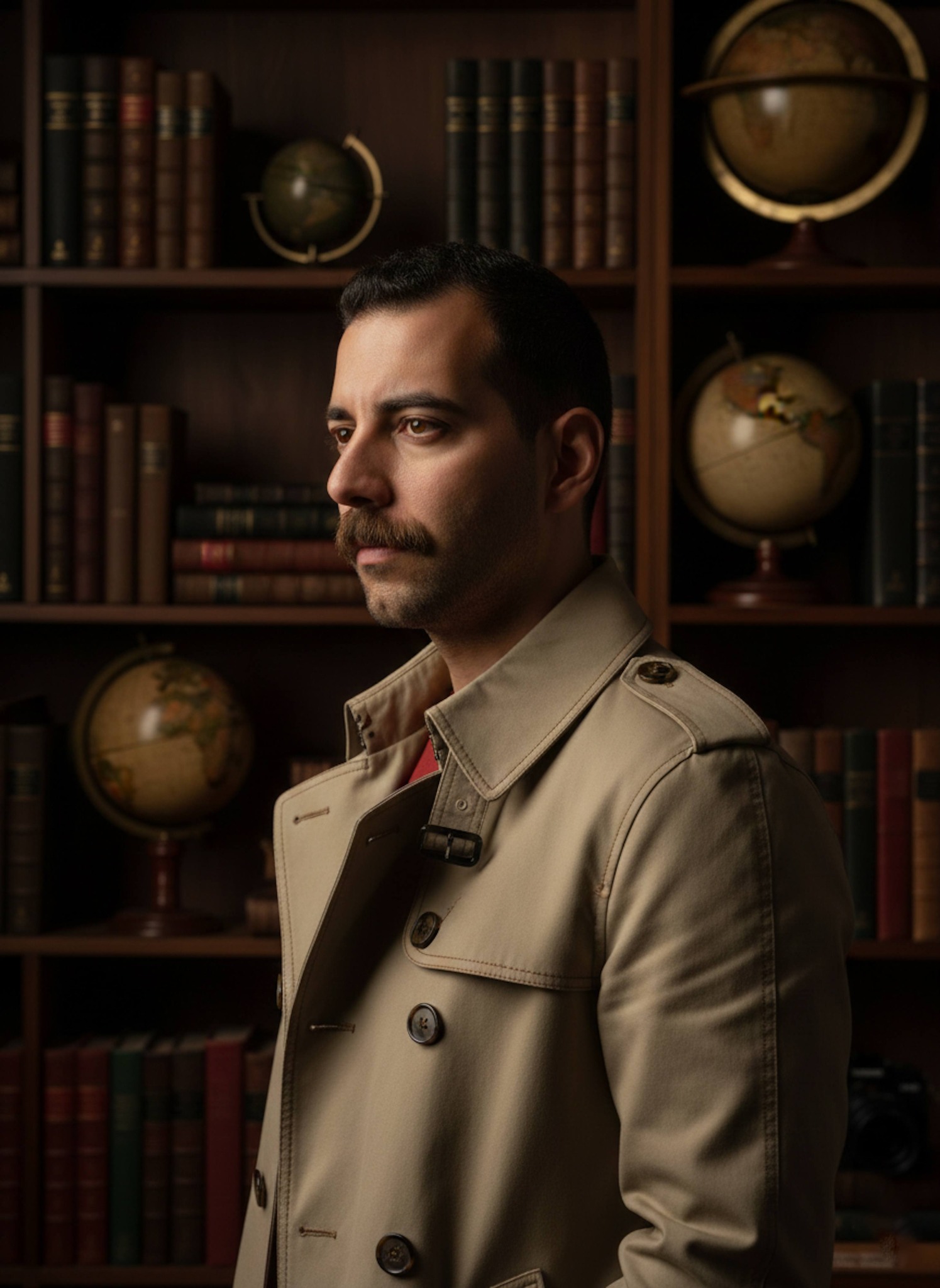 Person in beige trench coat in dark academia study with globes and leather books in heavy shadows
