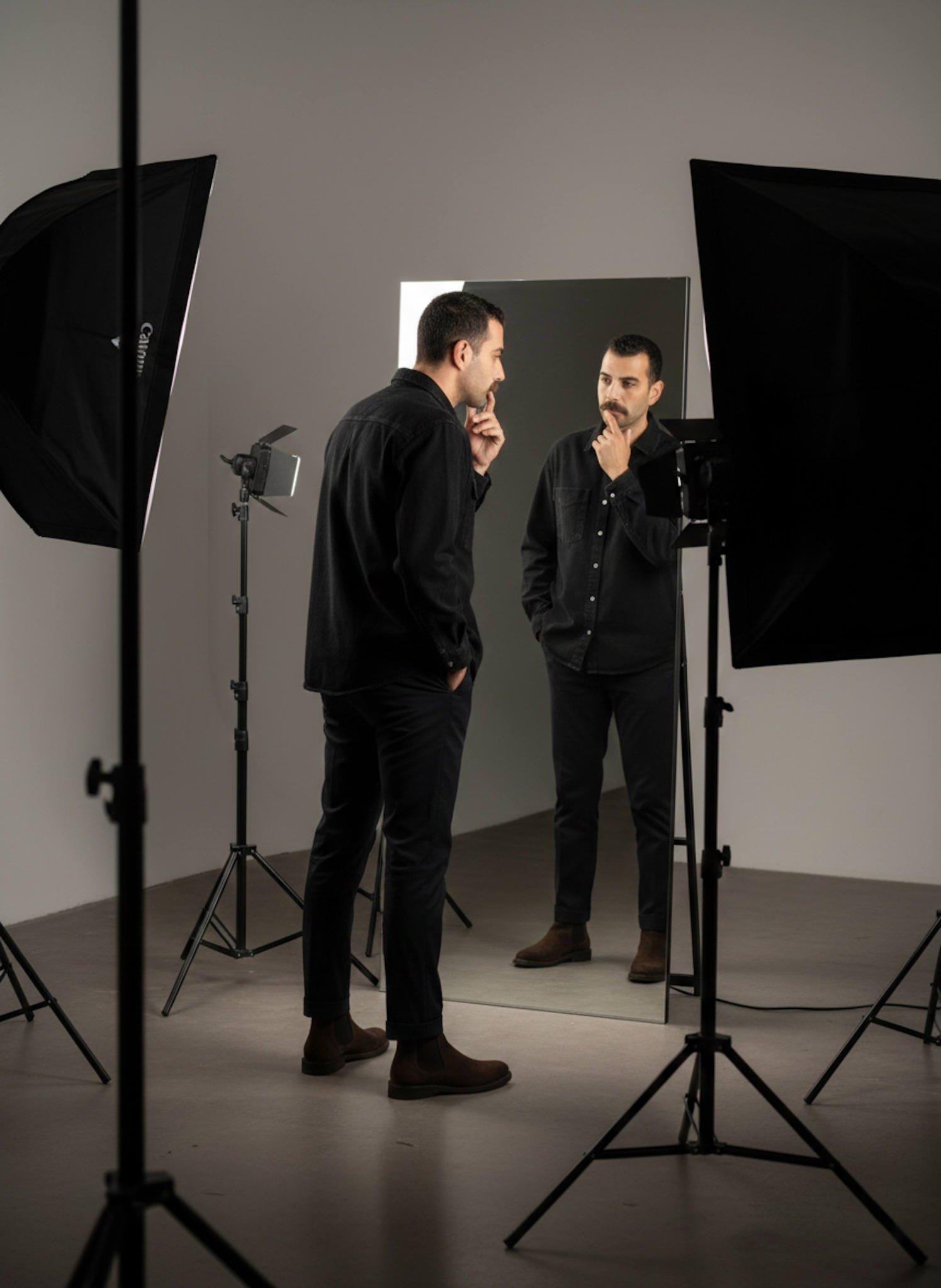 Person in black denim shirt standing in photography studio with light stands and black flags