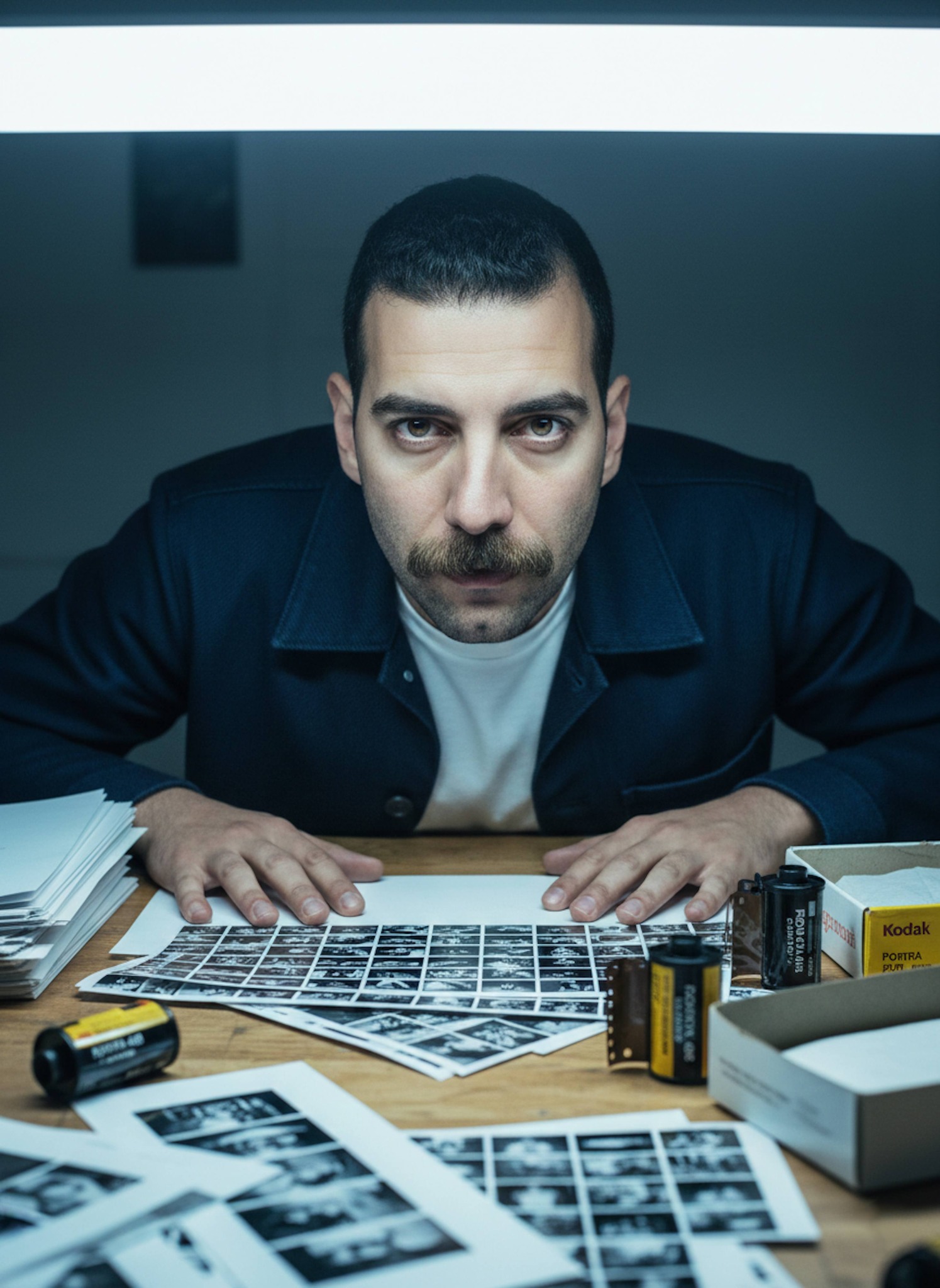Person in navy chore coat leaning over contact sheets and film canisters in creative workspace