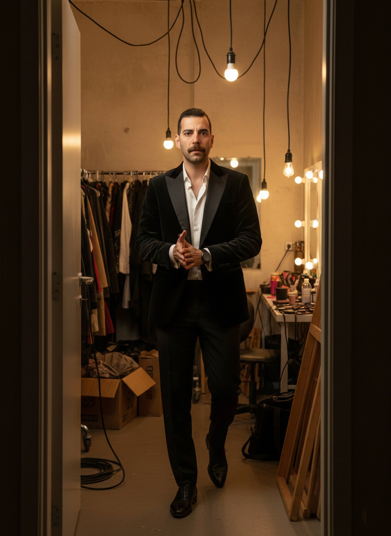 Person in black velvet dinner jacket in cramped cluttered backstage area with harsh lighting