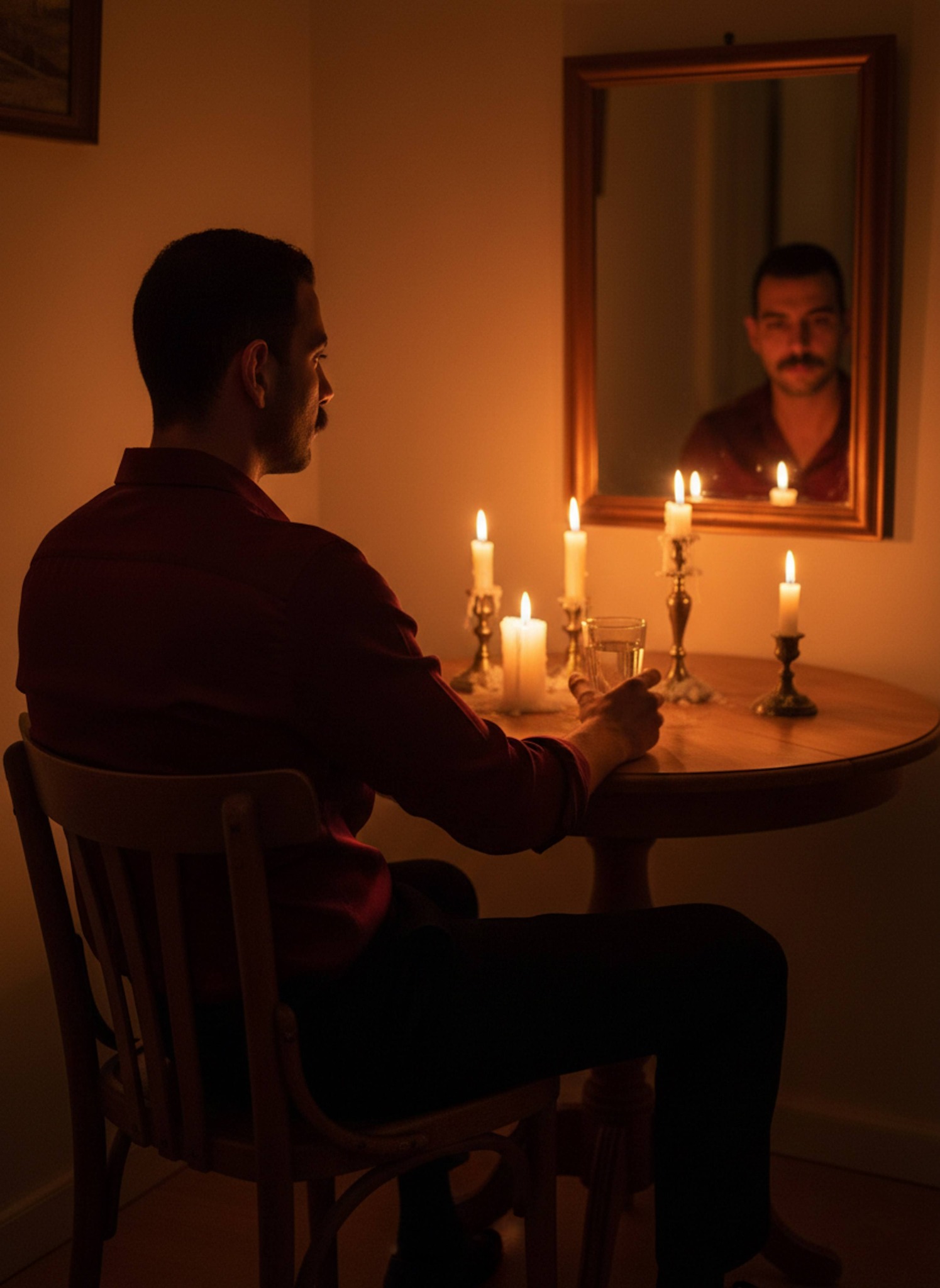 Person in burgundy silk shirt sitting at wooden table illuminated by melting candles