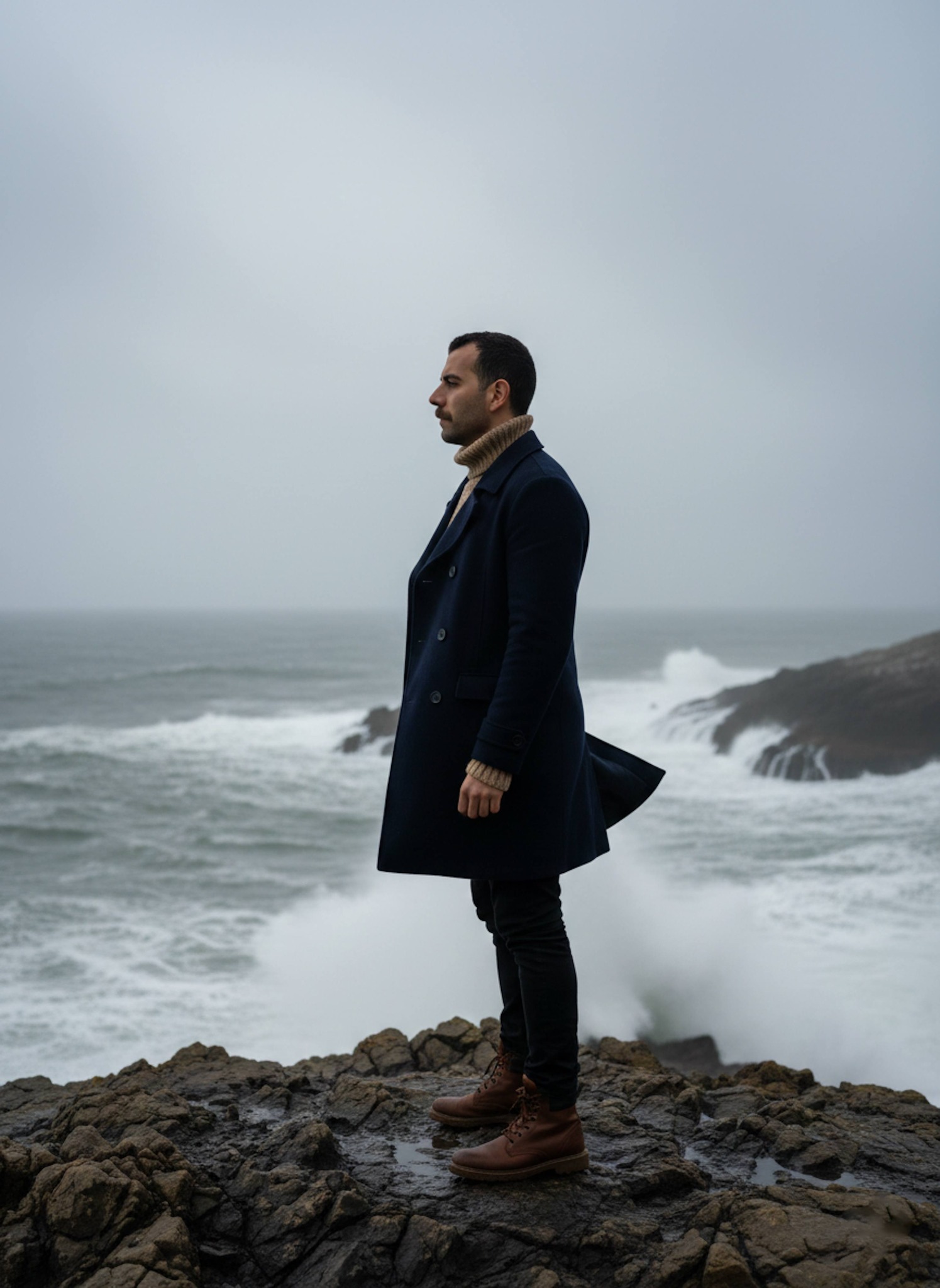 Person in navy pea coat and turtleneck standing on jagged cliff over grey turbulent ocean