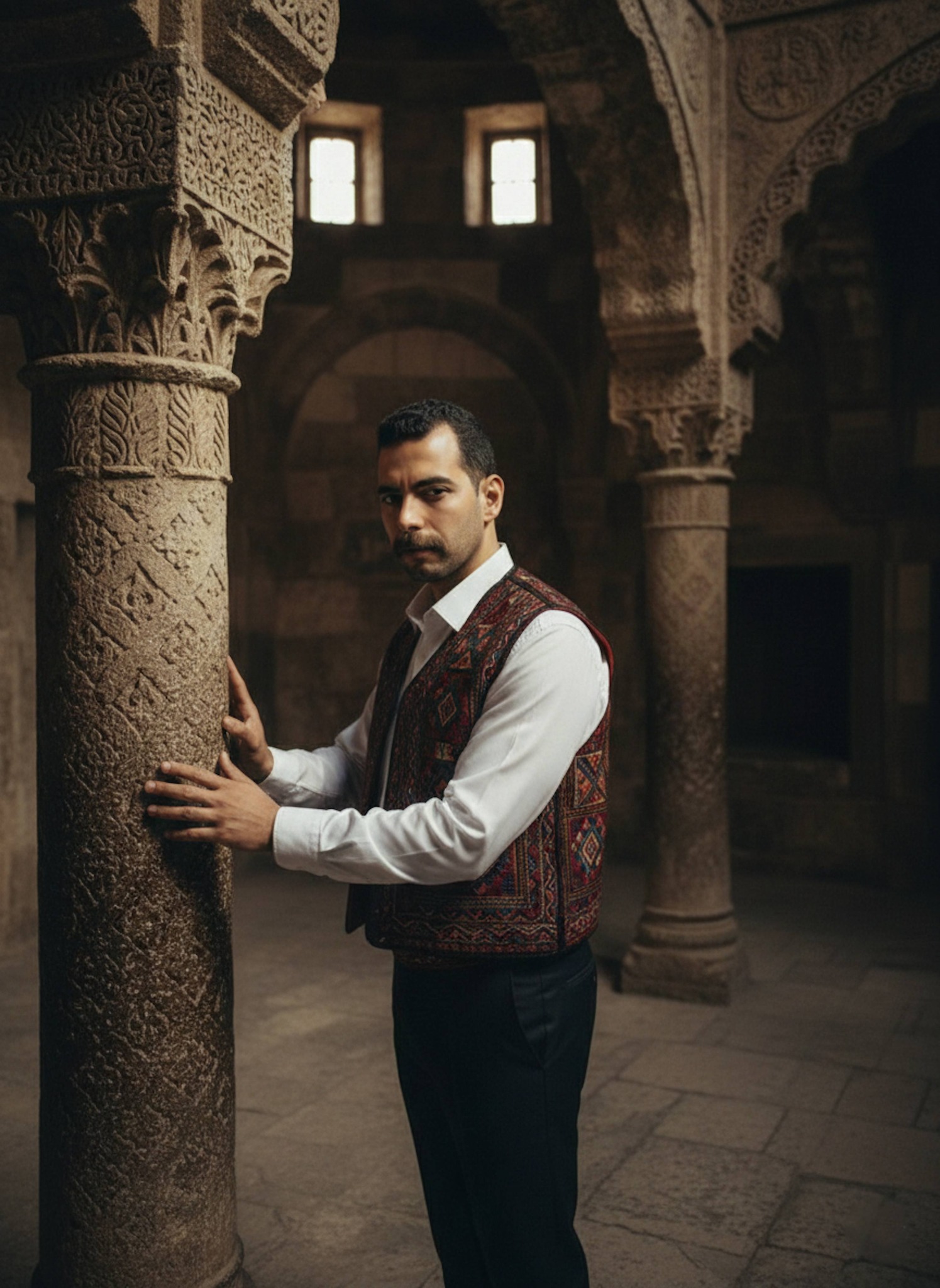 Person in traditional embroidered vest inside intricately carved historic stone building