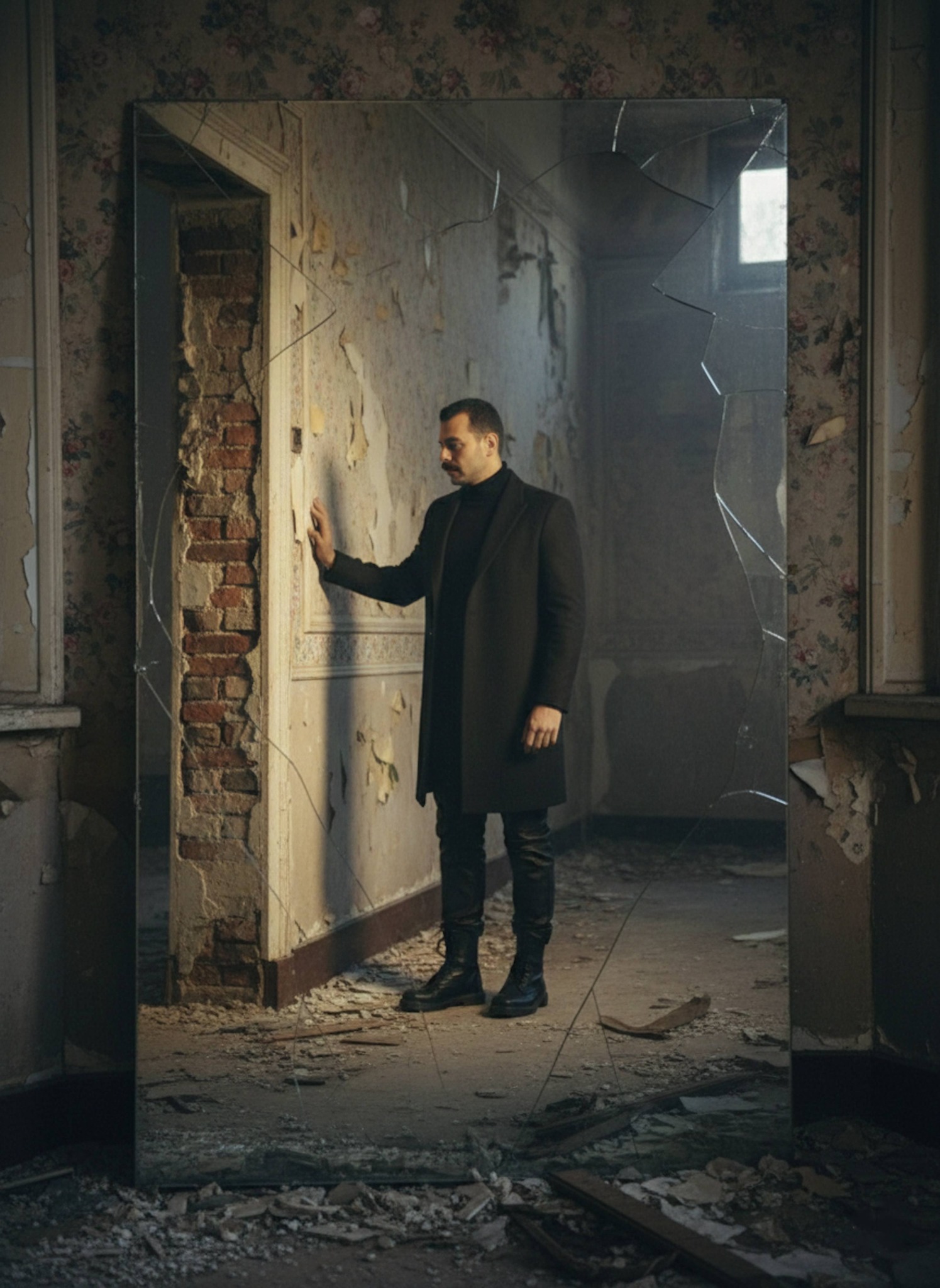 Person in black fashion overcoat standing in decaying mansion with peeling wallpaper and debris
