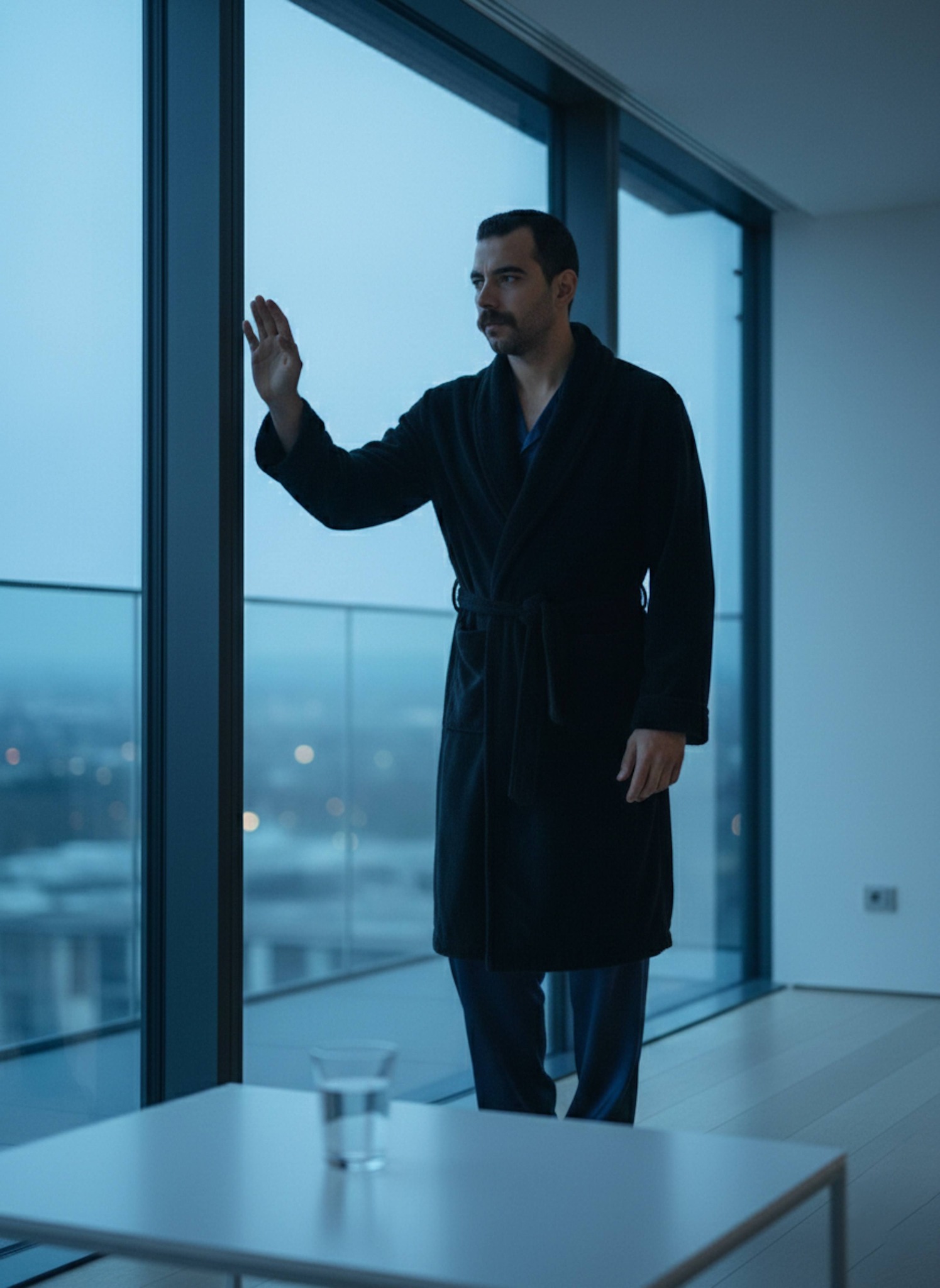 Person in black cashmere robe standing in white glass apartment with cold blue dawn light