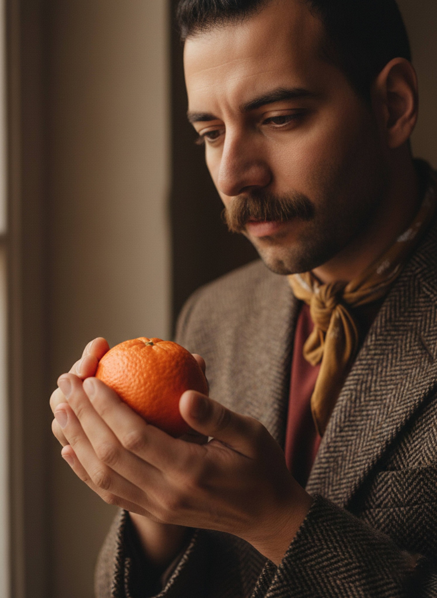 Person holding bright tangerine in hands with herringbone jacket and soft diffused window light