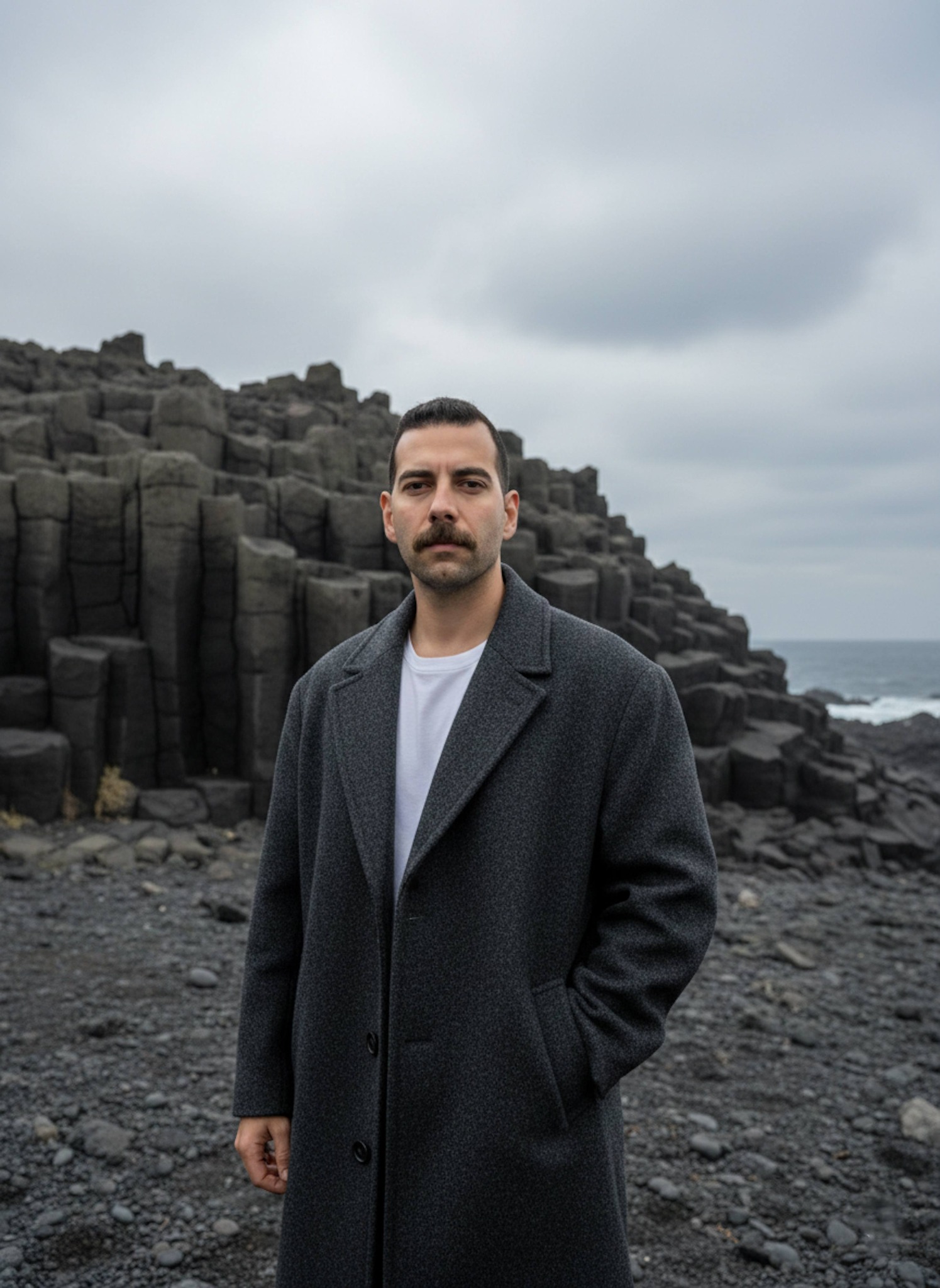 Person standing before jagged basalt wall on desolate Jeju coastline under heavy overcast sky