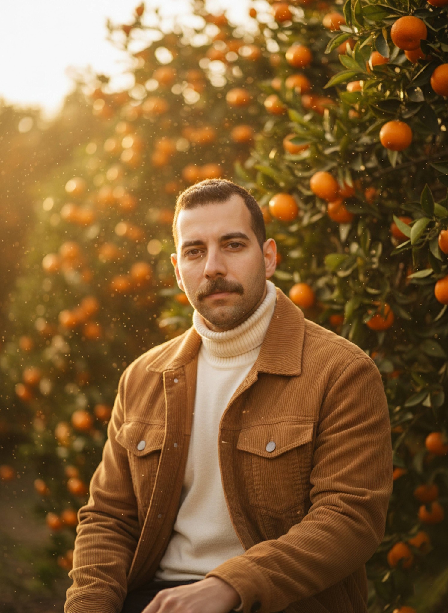 Person seated in sun-drenched tangerine grove during golden hour with warm bokeh through fruit