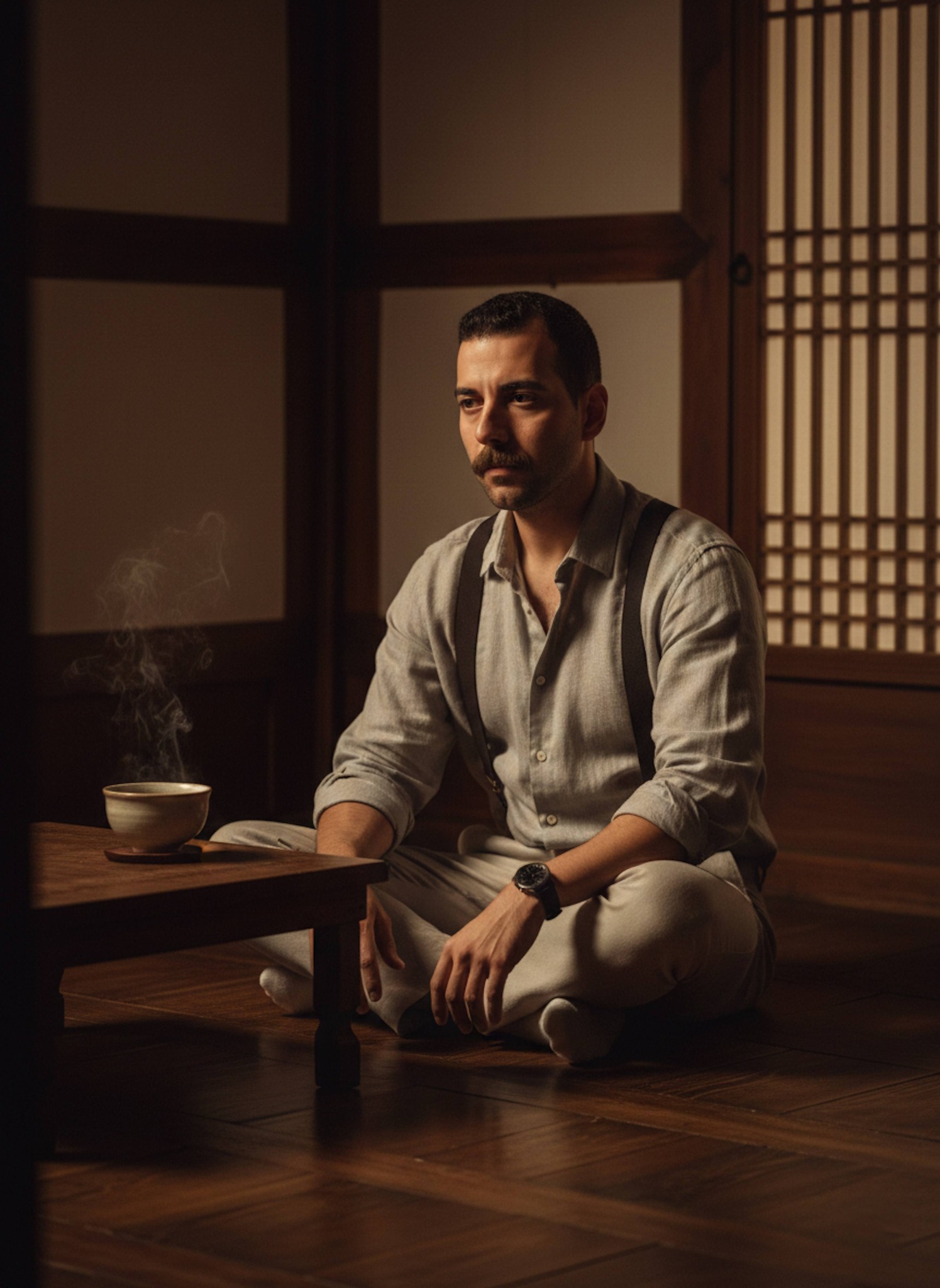 Person in linen shirt and suspenders inside dimly lit hanok with warm amber tungsten glow