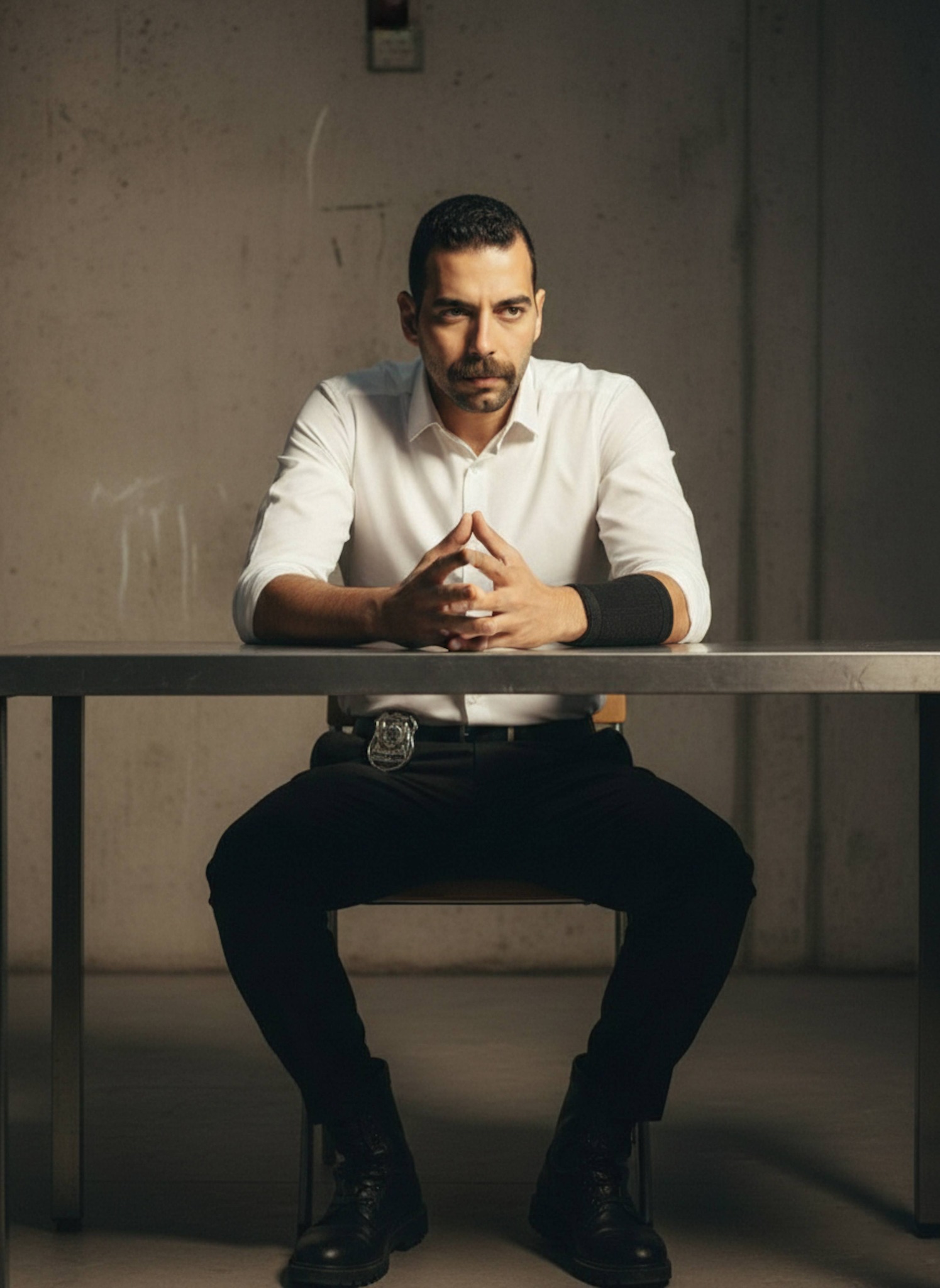 Person in a white oxford shirt leaning forward across a metal table in a dimly lit police interrogation room with harsh overhead lighting