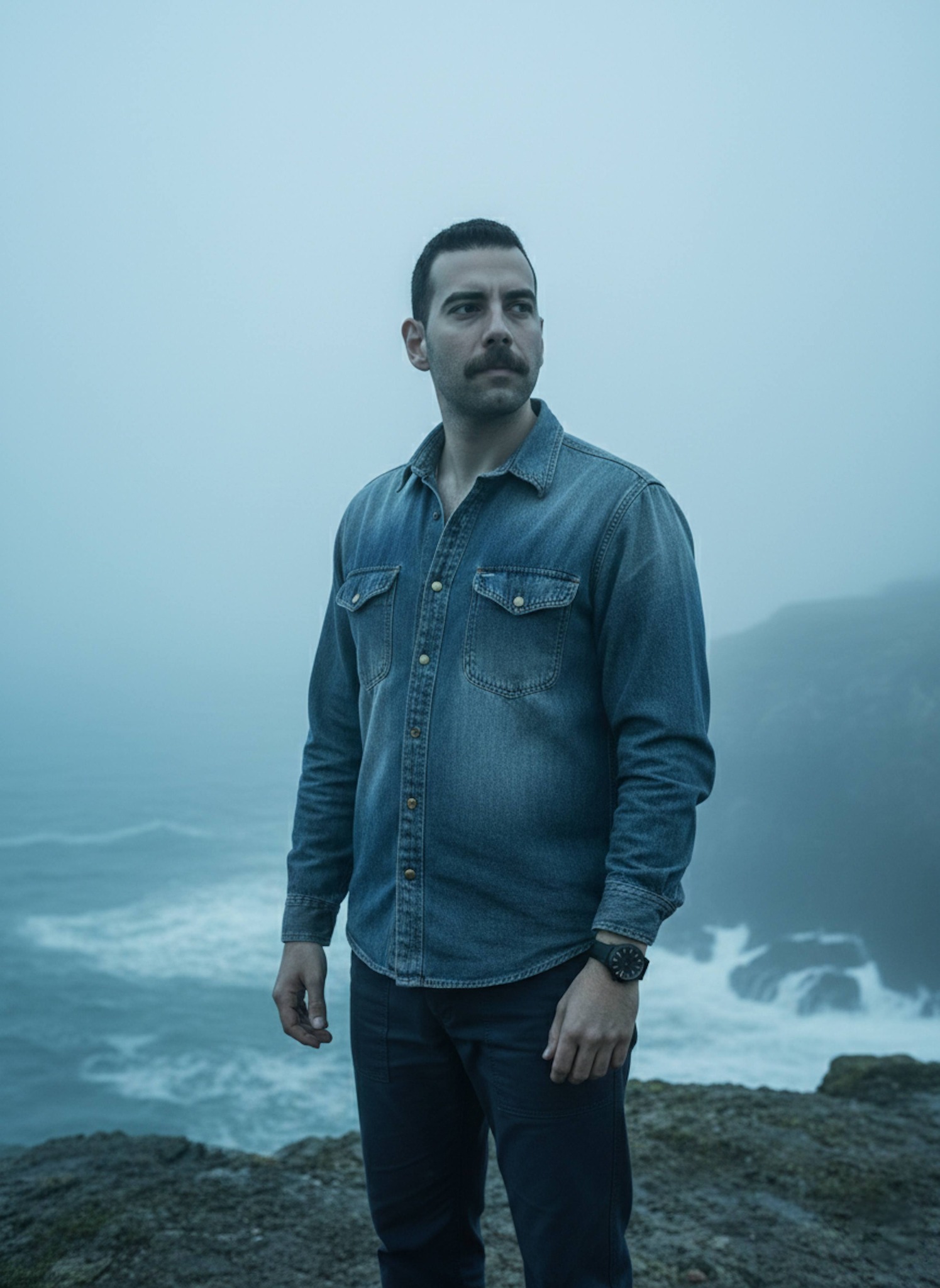 Person in faded indigo denim shirt on misty coastal cliff overlooking turbulent sea in blue fog