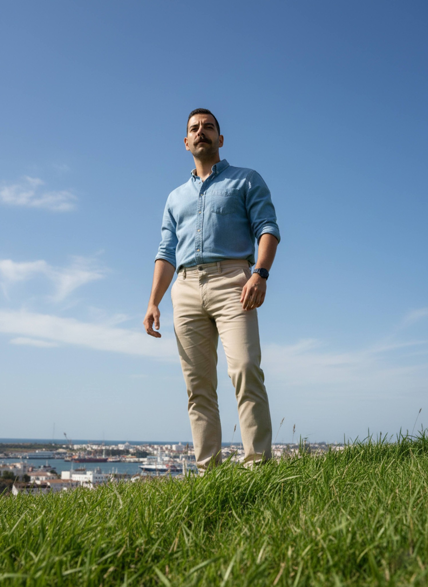 Person in light blue chambray shirt standing on high grassy hill overlooking distant harbor