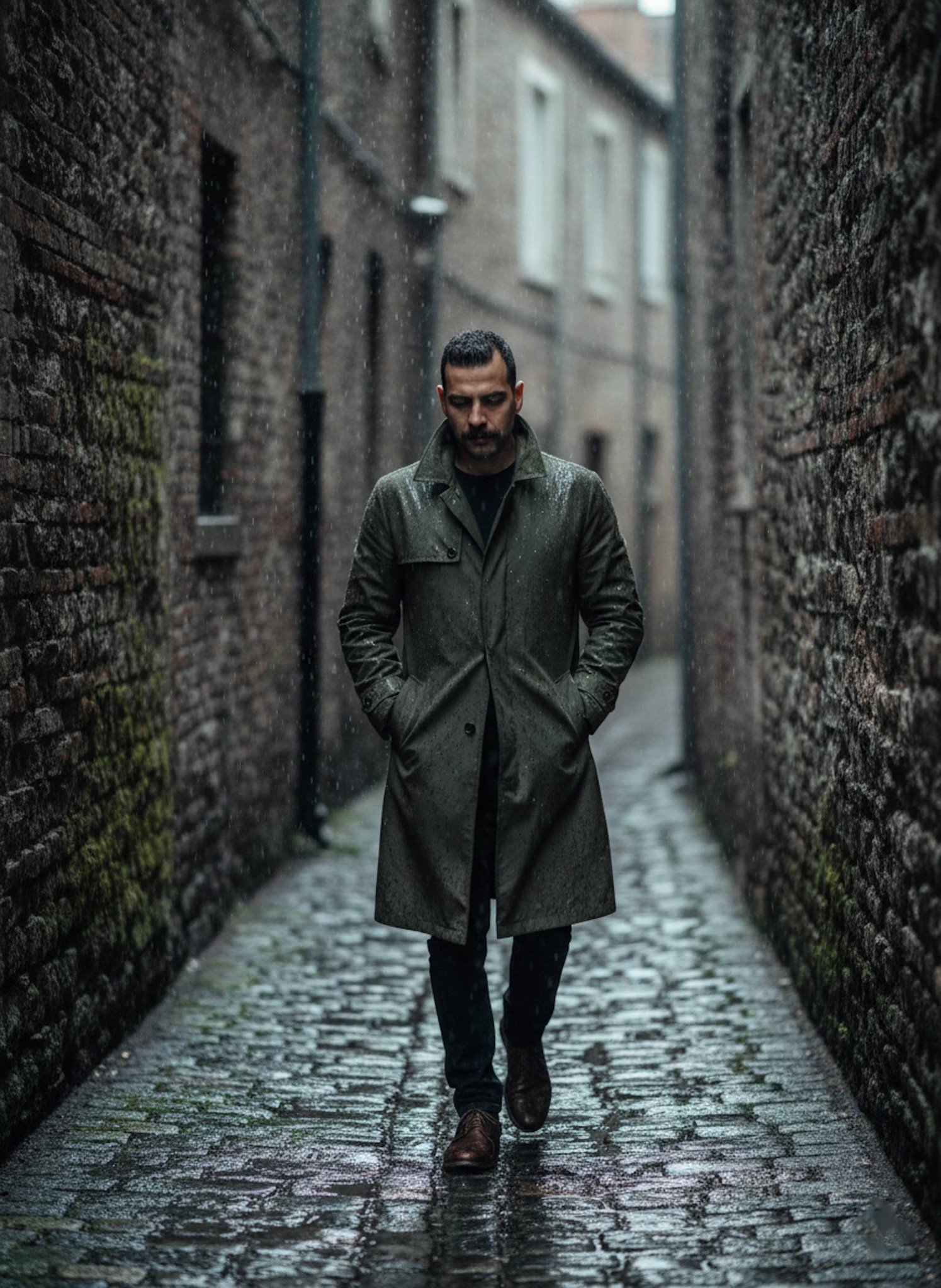 Person in olive trench coat walking through rain-slicked stone alleyway in cool desaturated light
