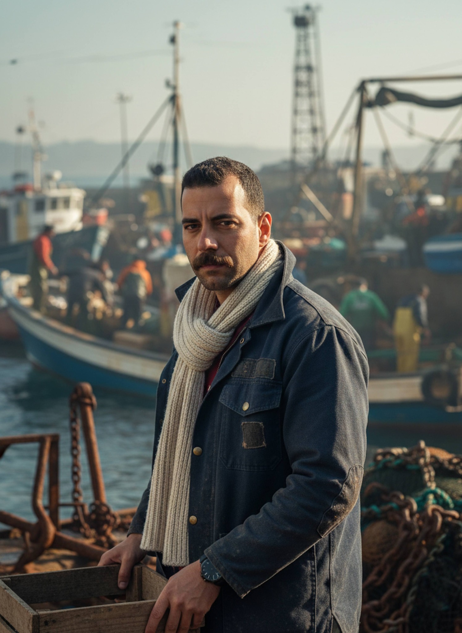 Person in distressed canvas fisherman jacket at bustling fishing port with harsh dawn light