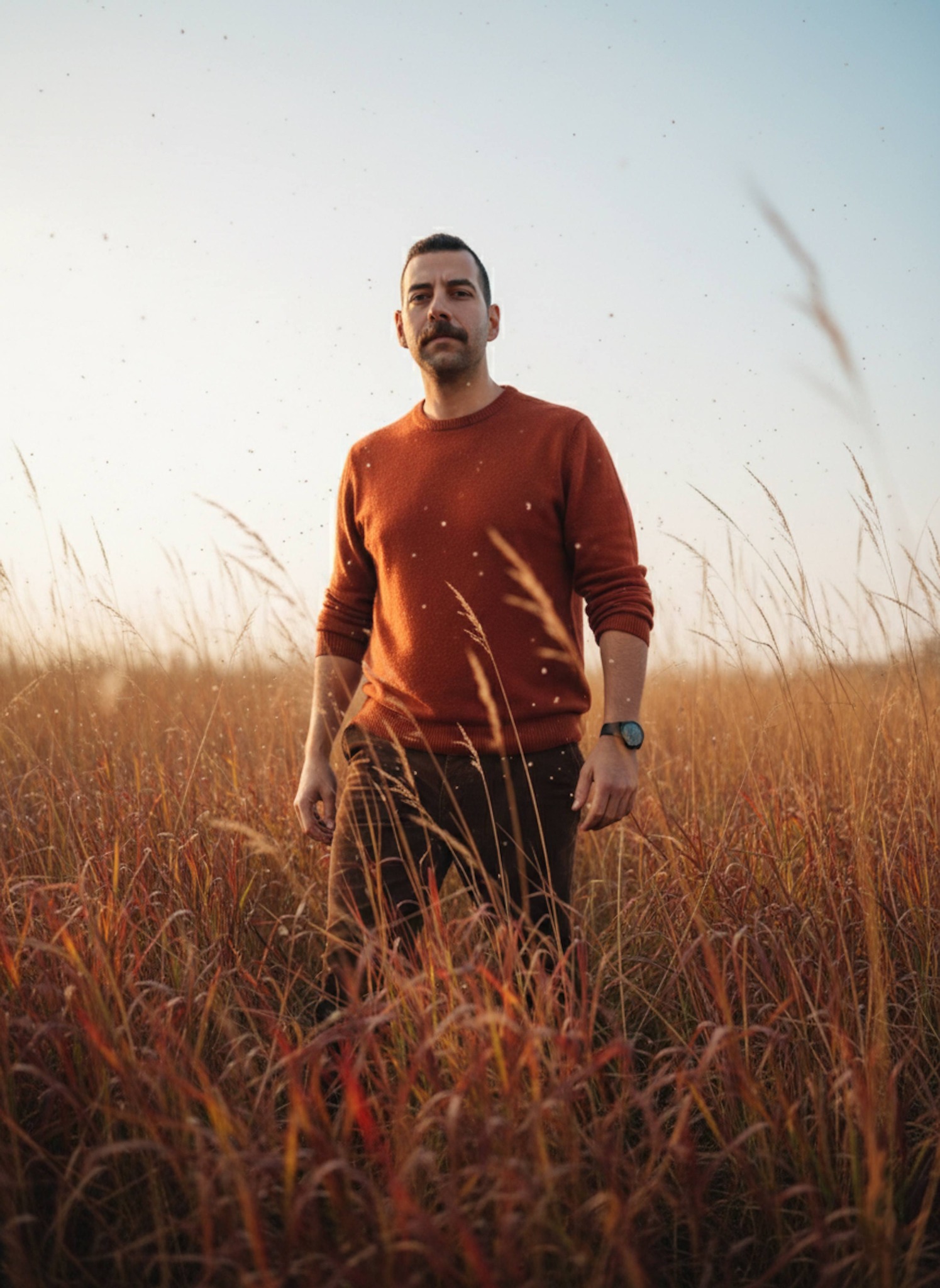 Person in rust orange sweater wading through tall dry autumn grass under pale sun