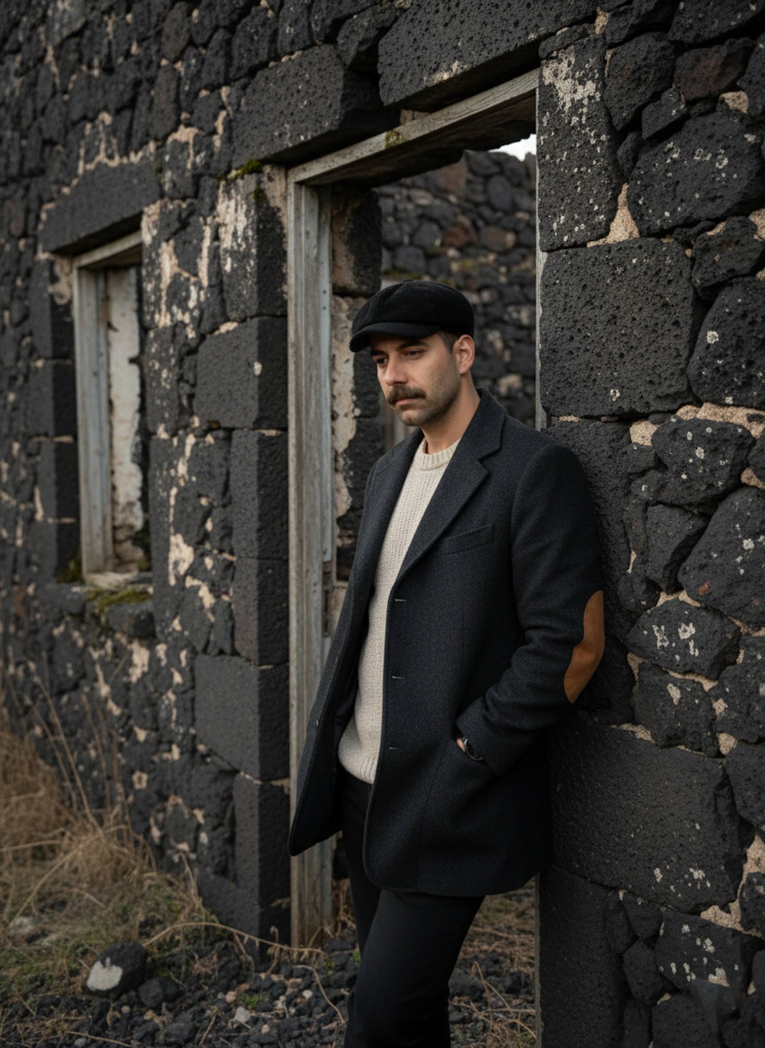 Person in newsboy cap and grey blazer leaning against doorway of abandoned stone house at evening