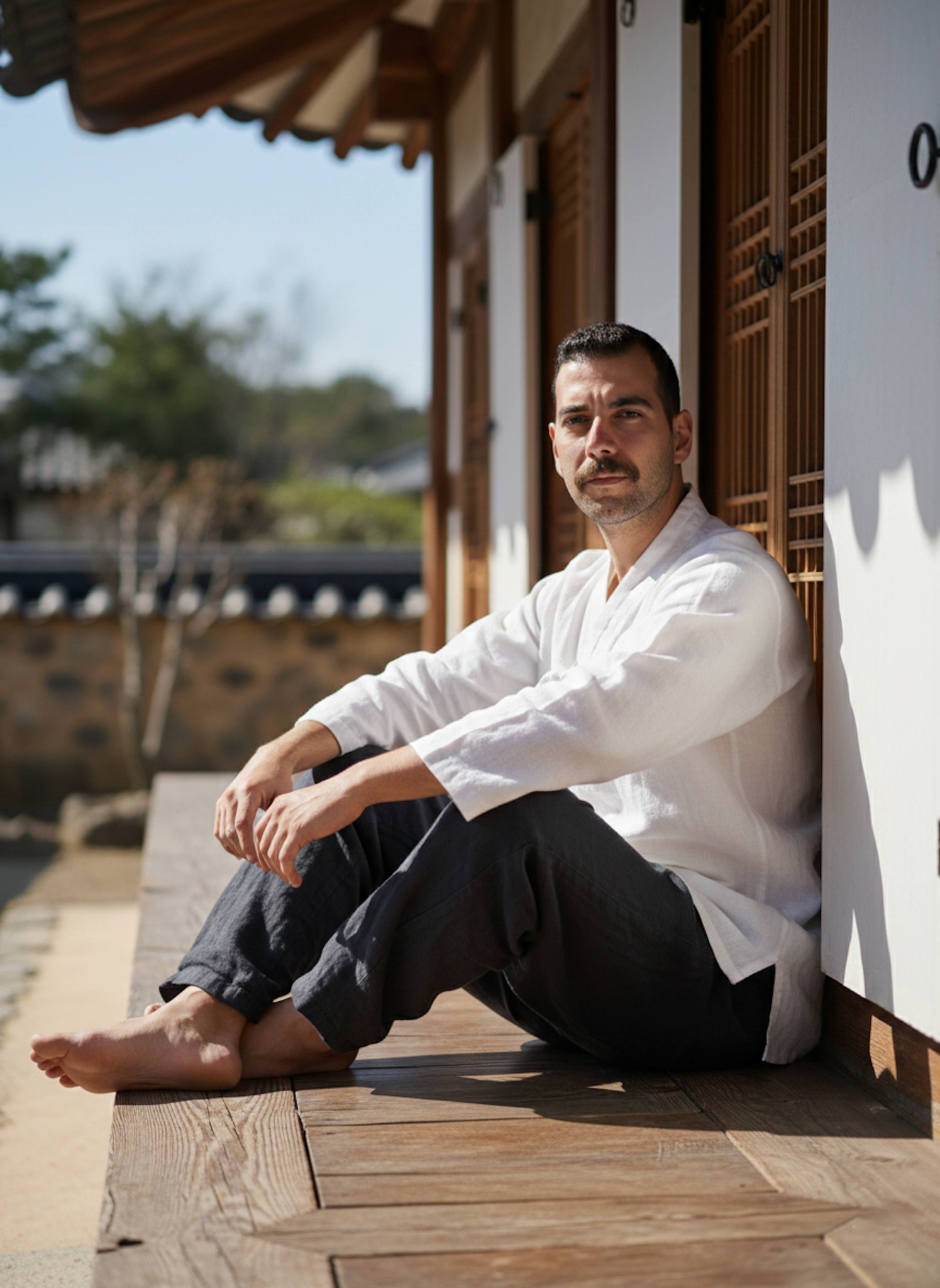 Person in white linen tunic sitting on wooden maru porch in harsh midday sunlight