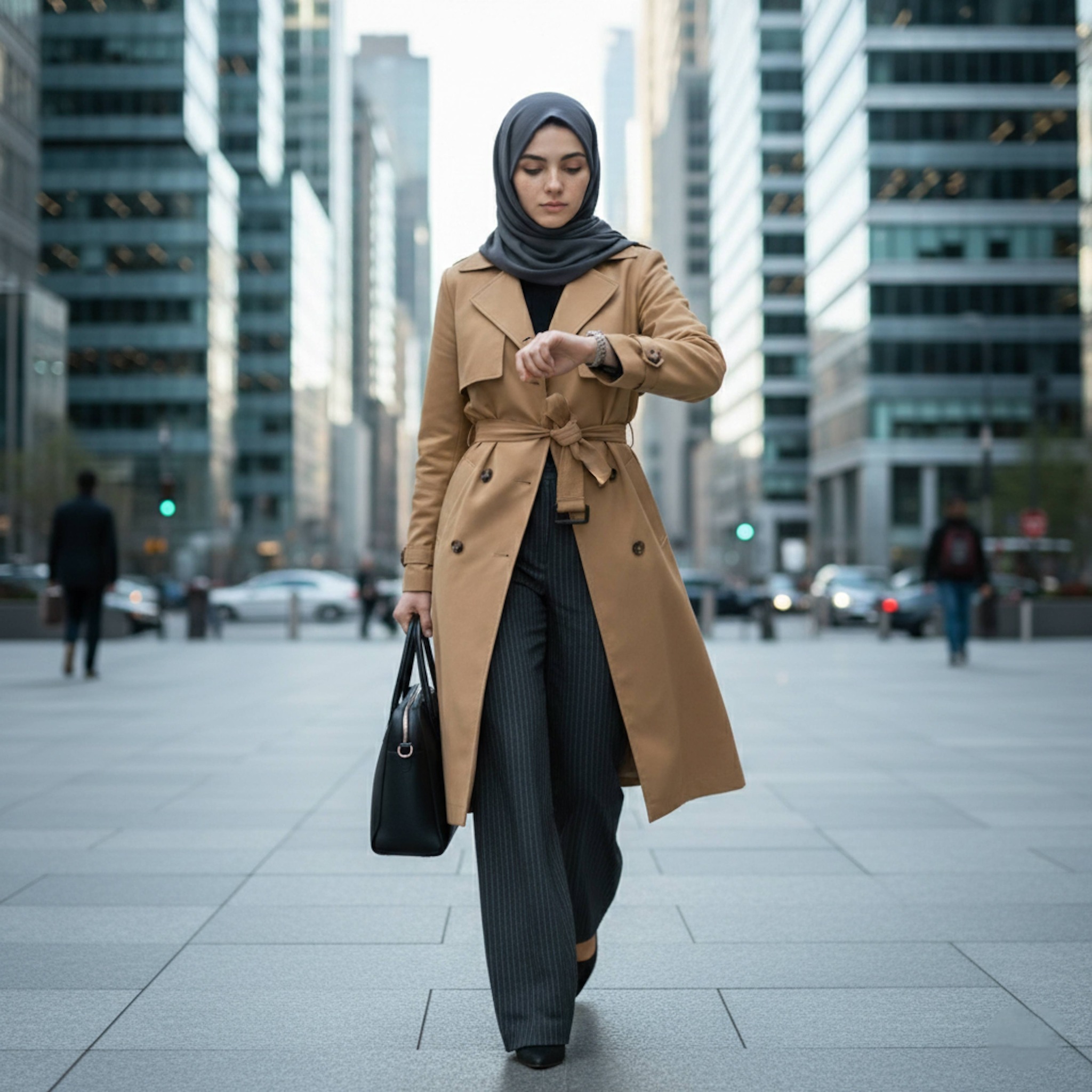 Person in camel trench coat walking through modern glass office district in wide shot