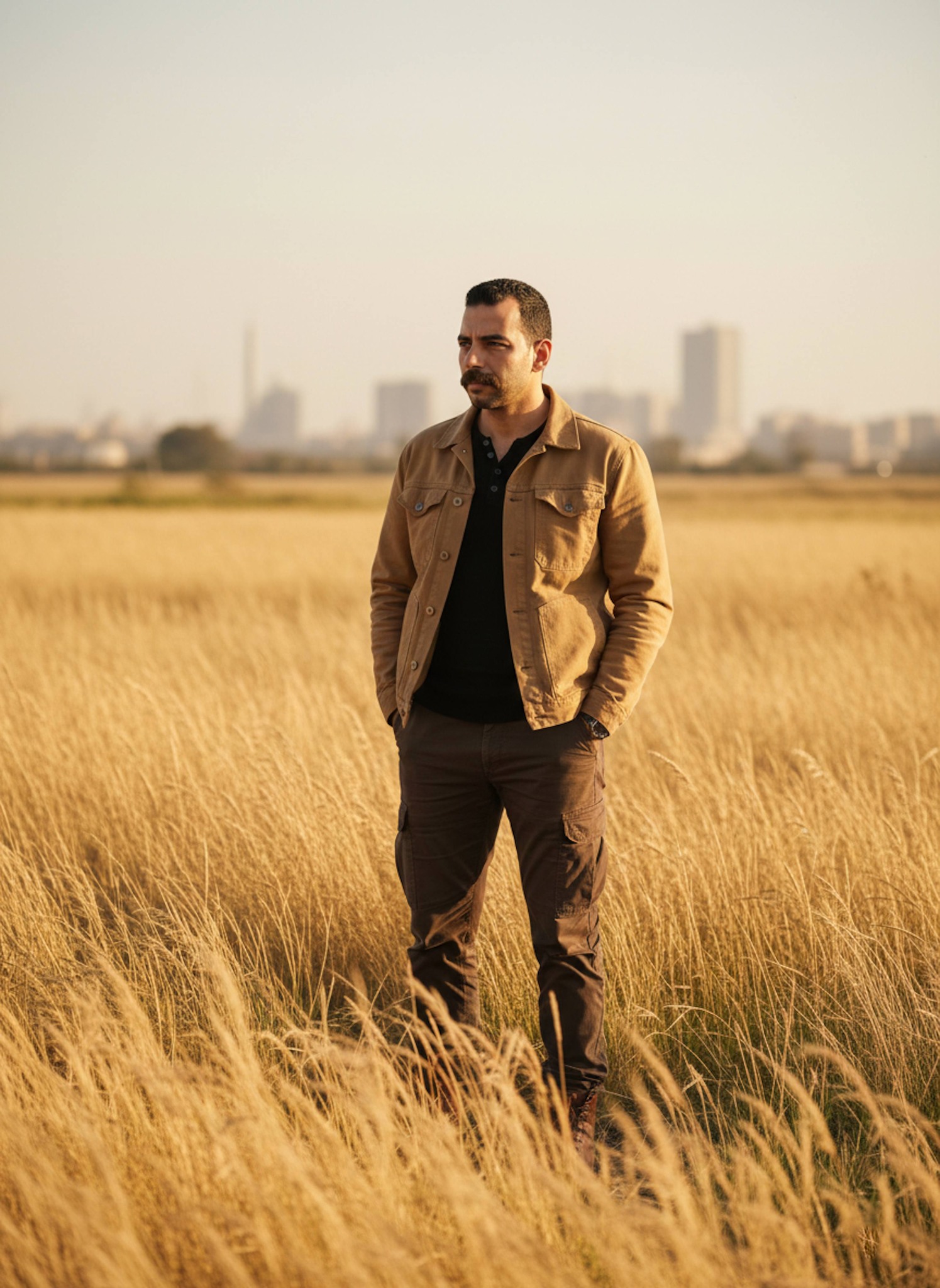 Person in a tan canvas jacket standing in tall golden grass near the city skyline with golden hour lighting and a distant foreboding look