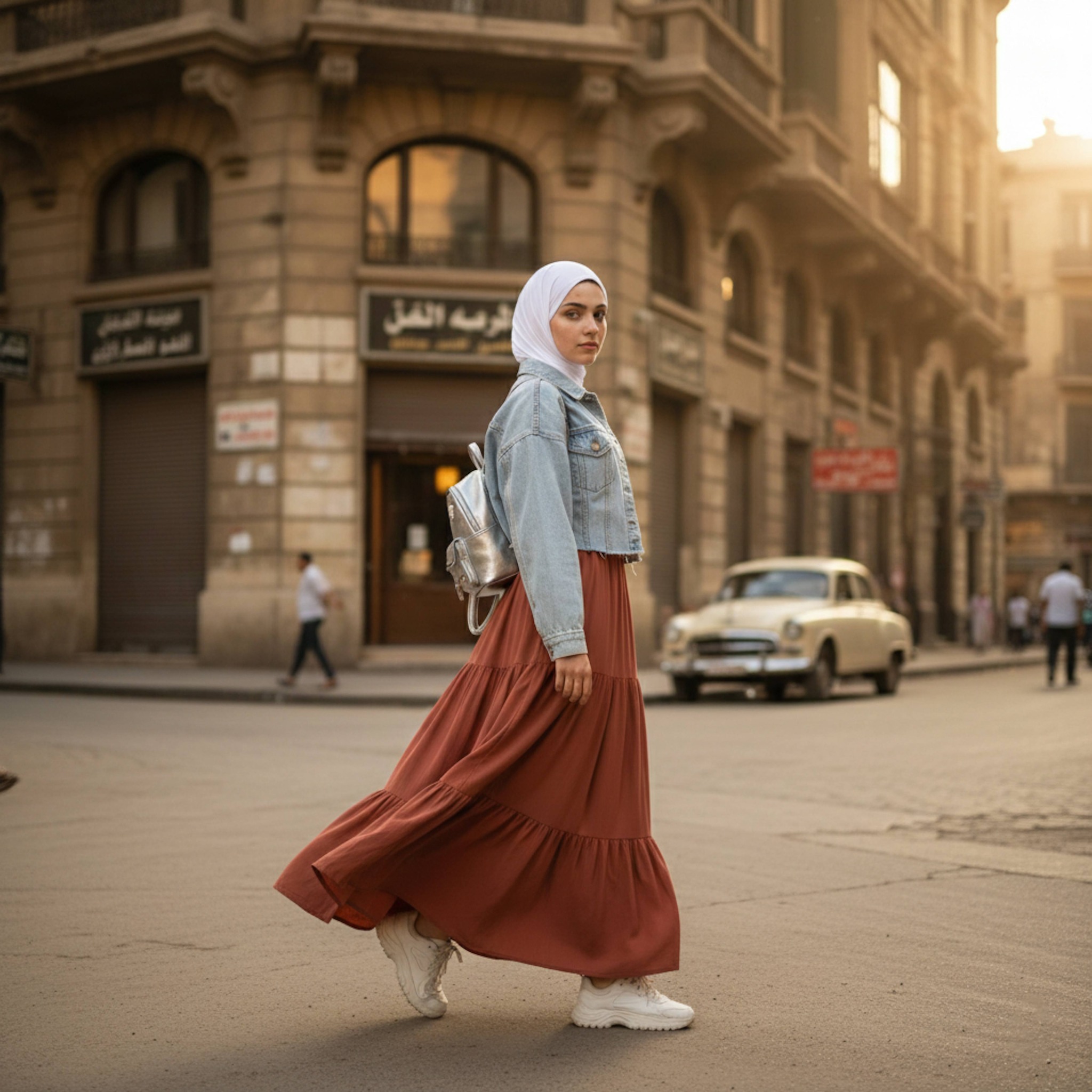 Person walking near historic Belle Epoque building in downtown Cairo in wide cinematic shot