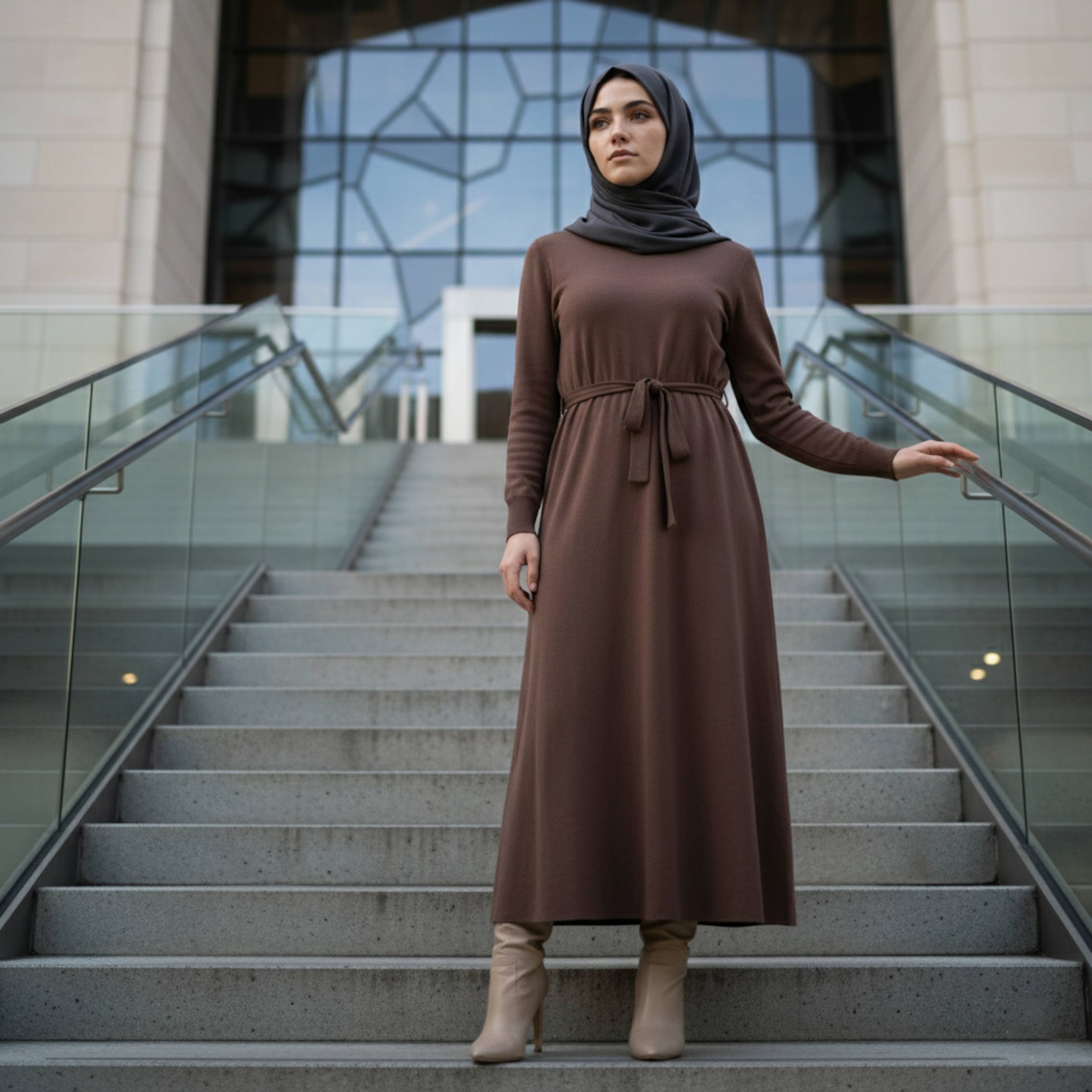 Person in mocha knit dress ascending modern museum staircase captured from low angle
