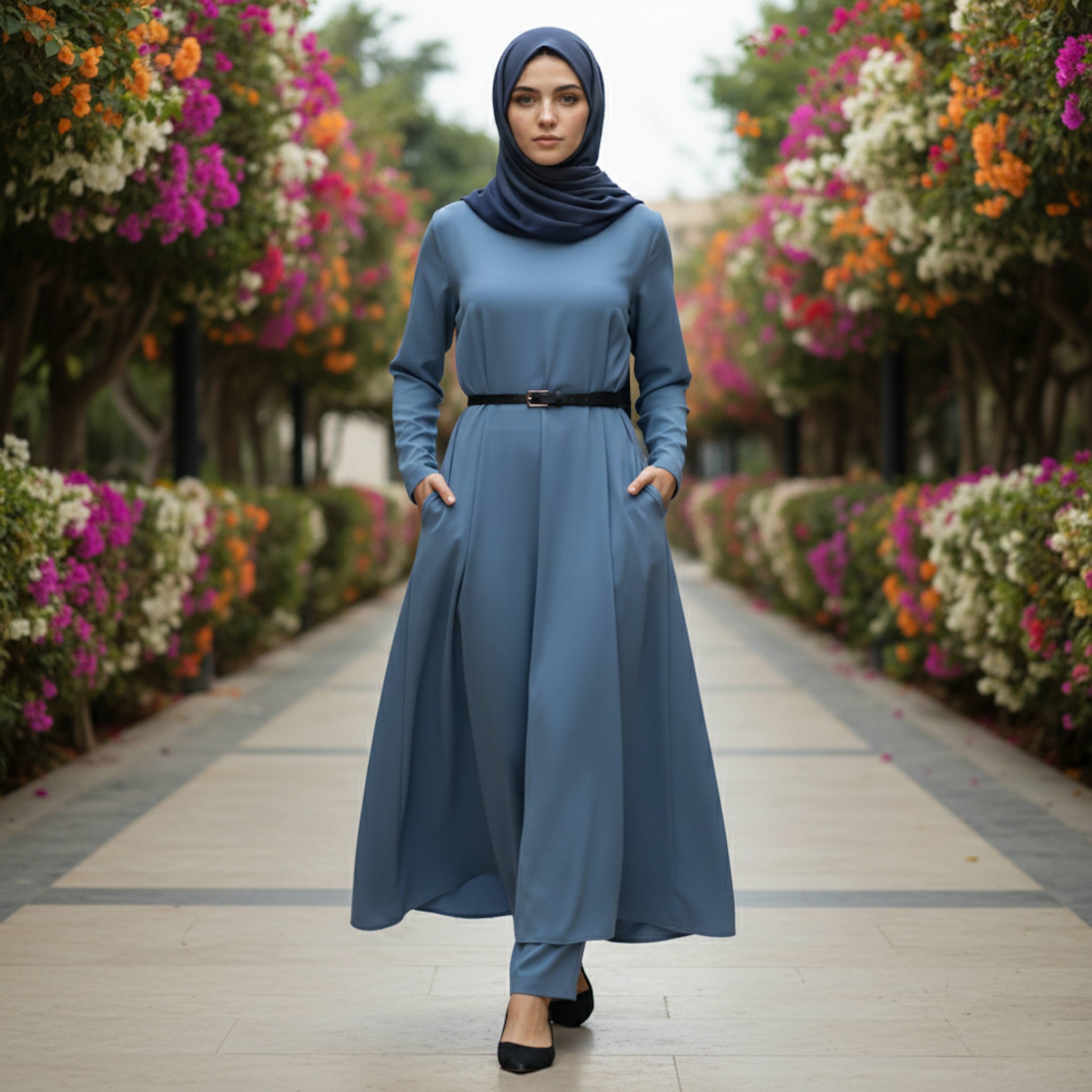 Person in fashion outfit on Maadi walkway lined with colorful flowering bushes from low angle