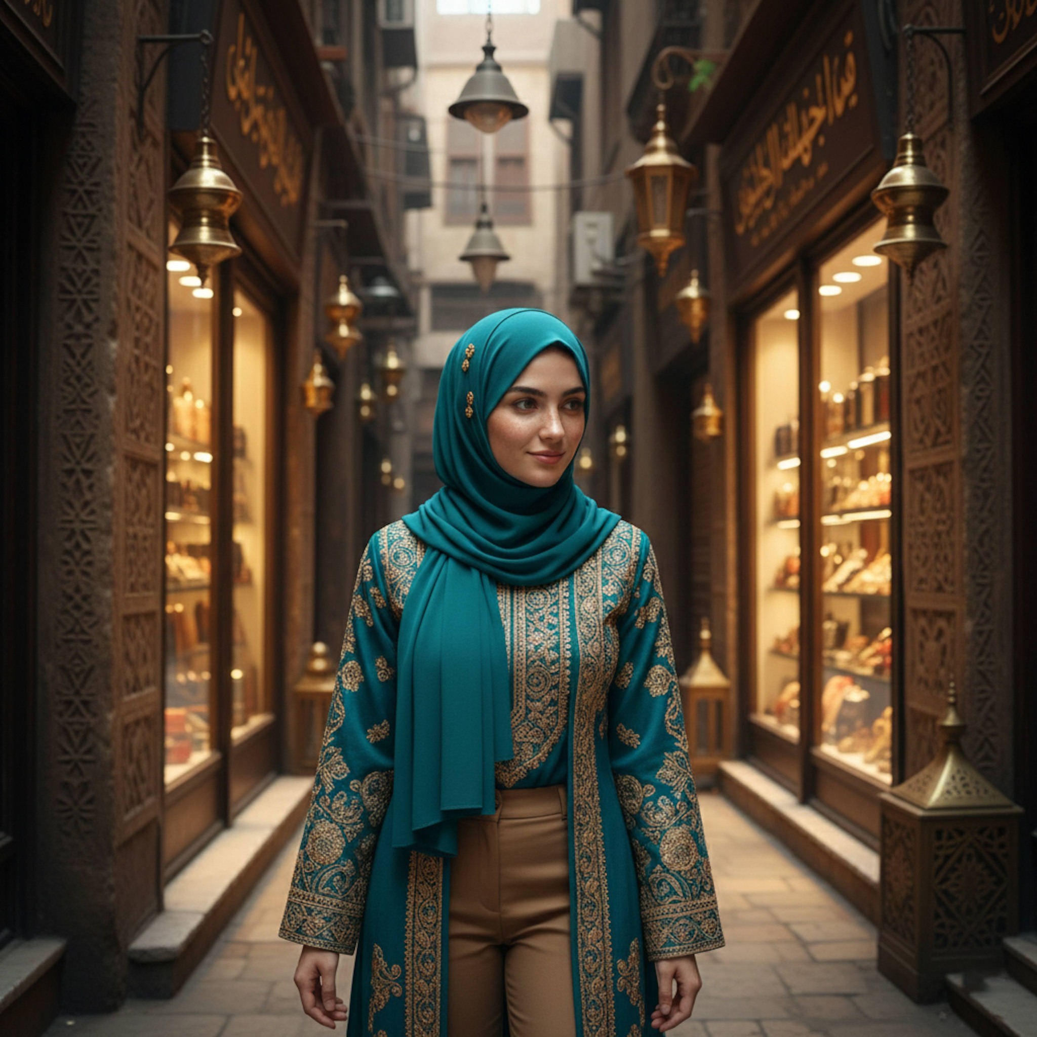 Close-up portrait of person in embroidered outfit in traditional Old Cairo alley with modern shops