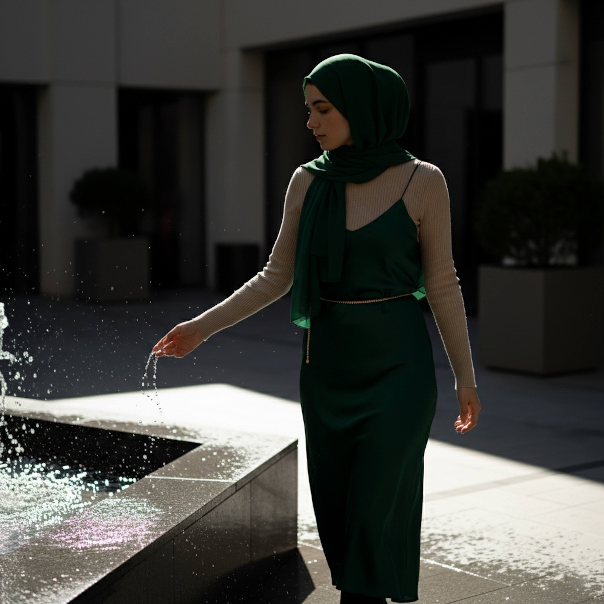 Person in forest green slip dress walking past modern courtyard fountain in medium shot