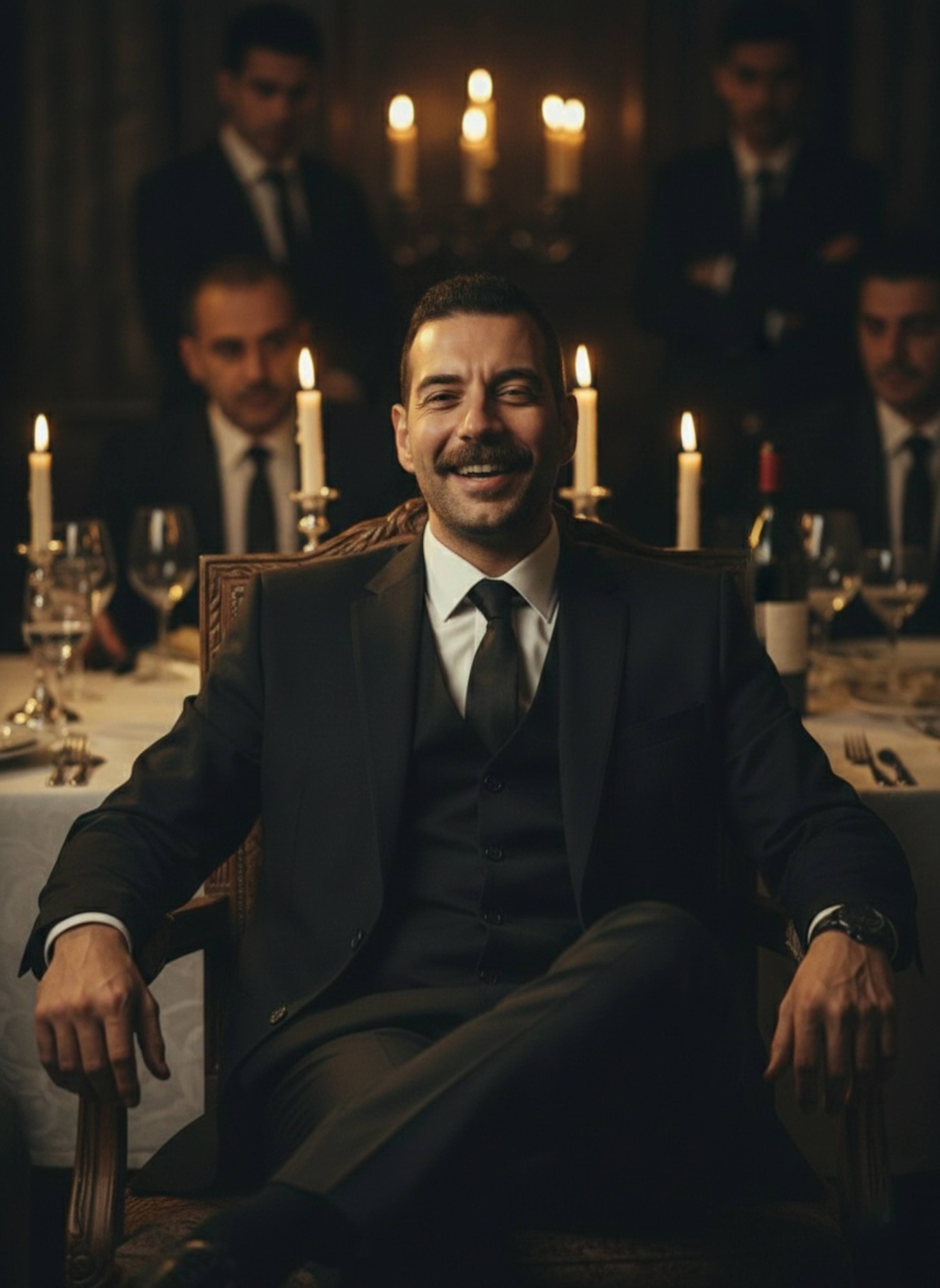 Person laughing coldly while leaning back at mafia dinner table with warm candlelight