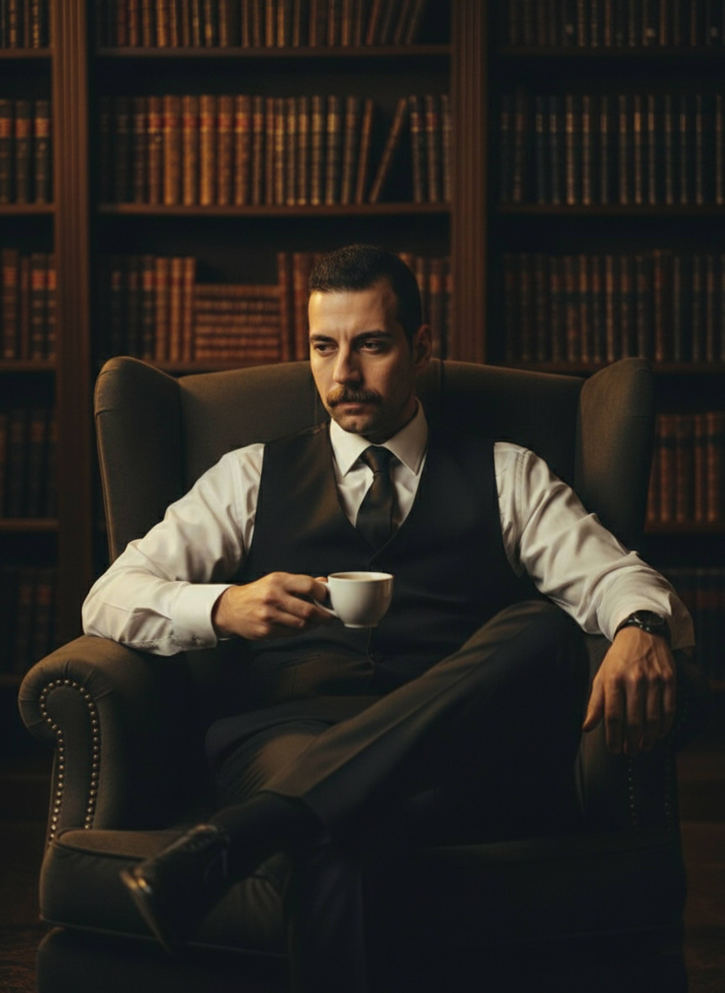 Person in commanding posture in leather chair holding coffee in dark library shadows