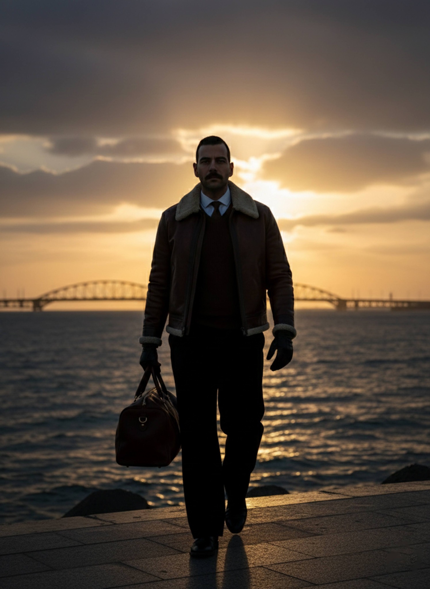 Person walking in silhouette across Stanley Bridge at sunset with golden sky and dark Mediterranean sea in a leather aviator jacket