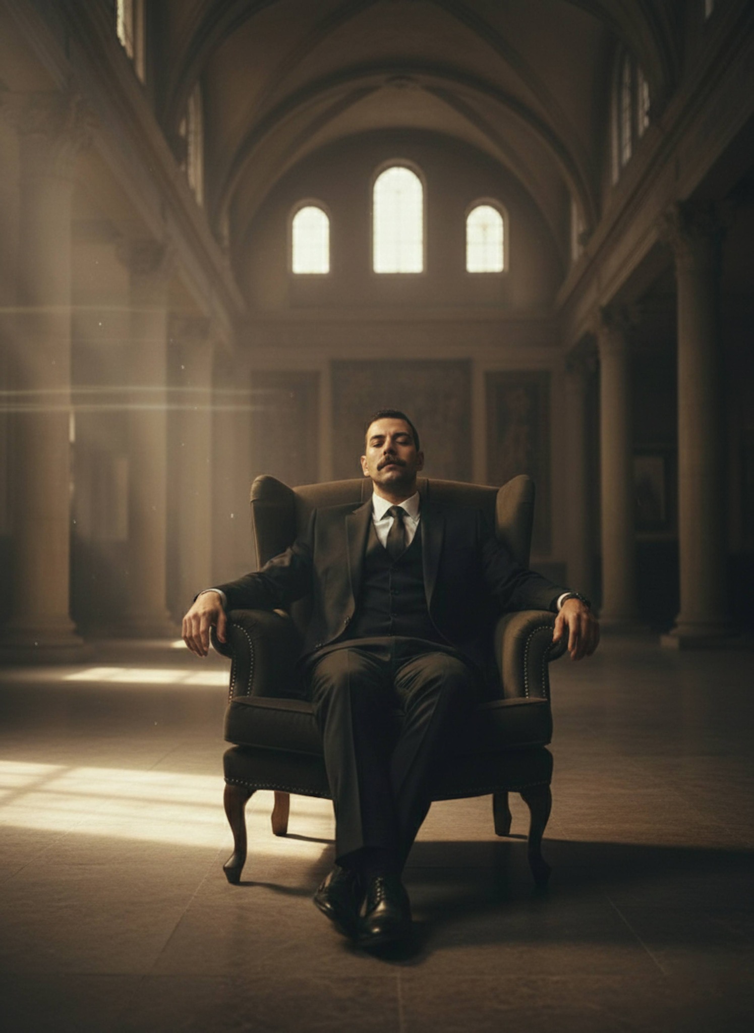 Person sprawled on throne in empty grand hall with dusty light beams and powerful exhausted pose