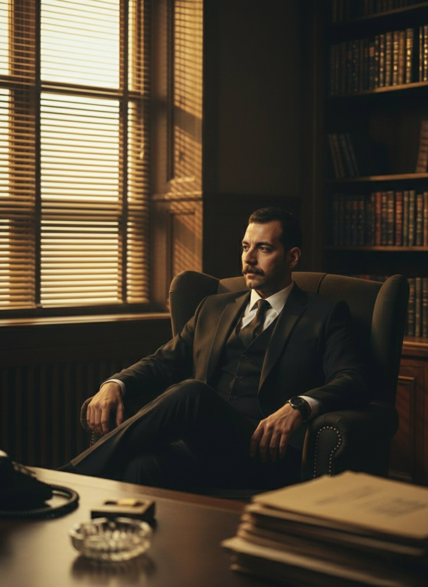 Person sitting with legs crossed in 1970s office with sunset light through blinds casting striped shadows