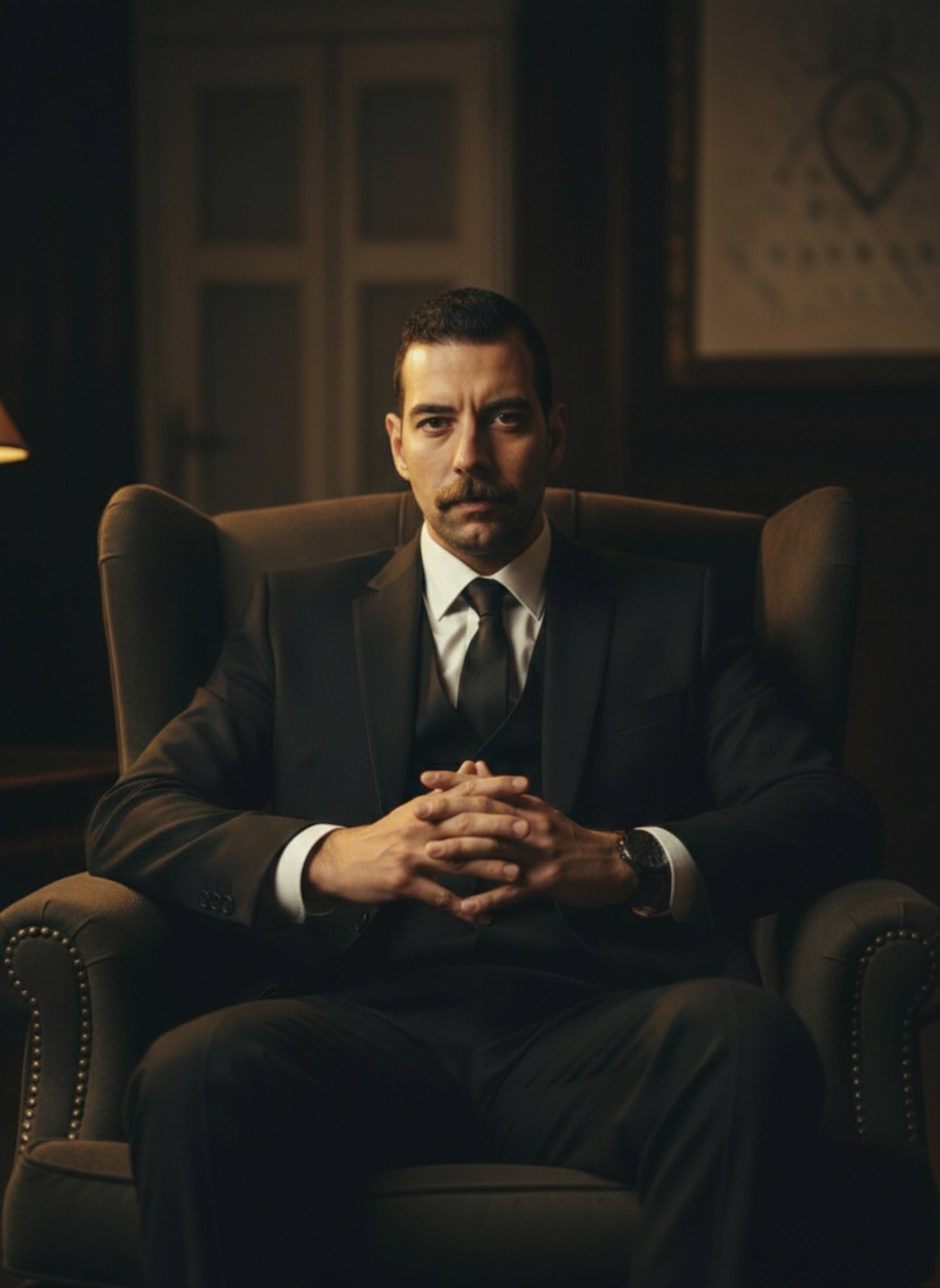 Person seated upright with clasped hands in low-angle Godfather-style mafia power portrait