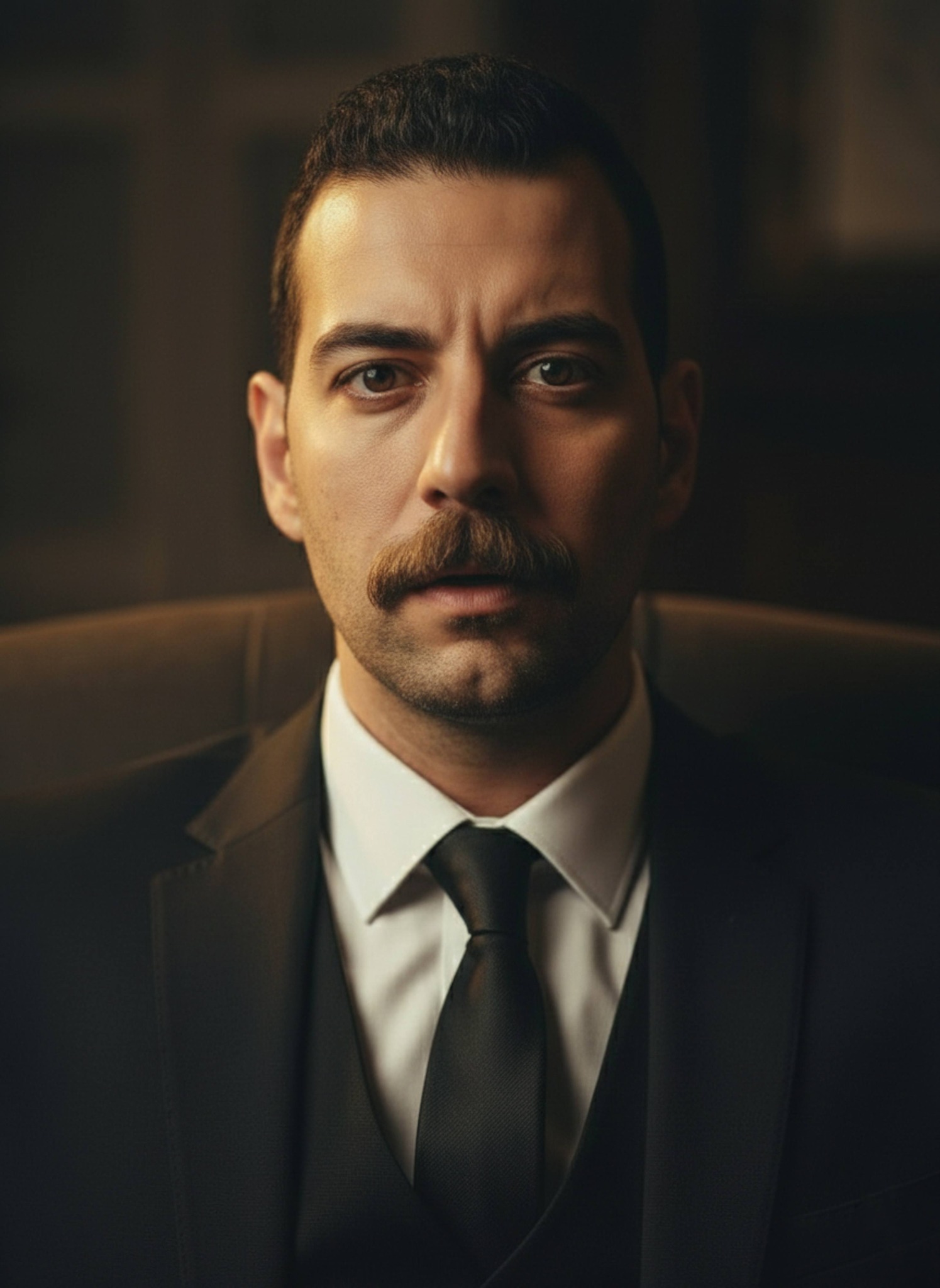 Eye-level close-up of person with sharp realization expression in dark interior with hard side light