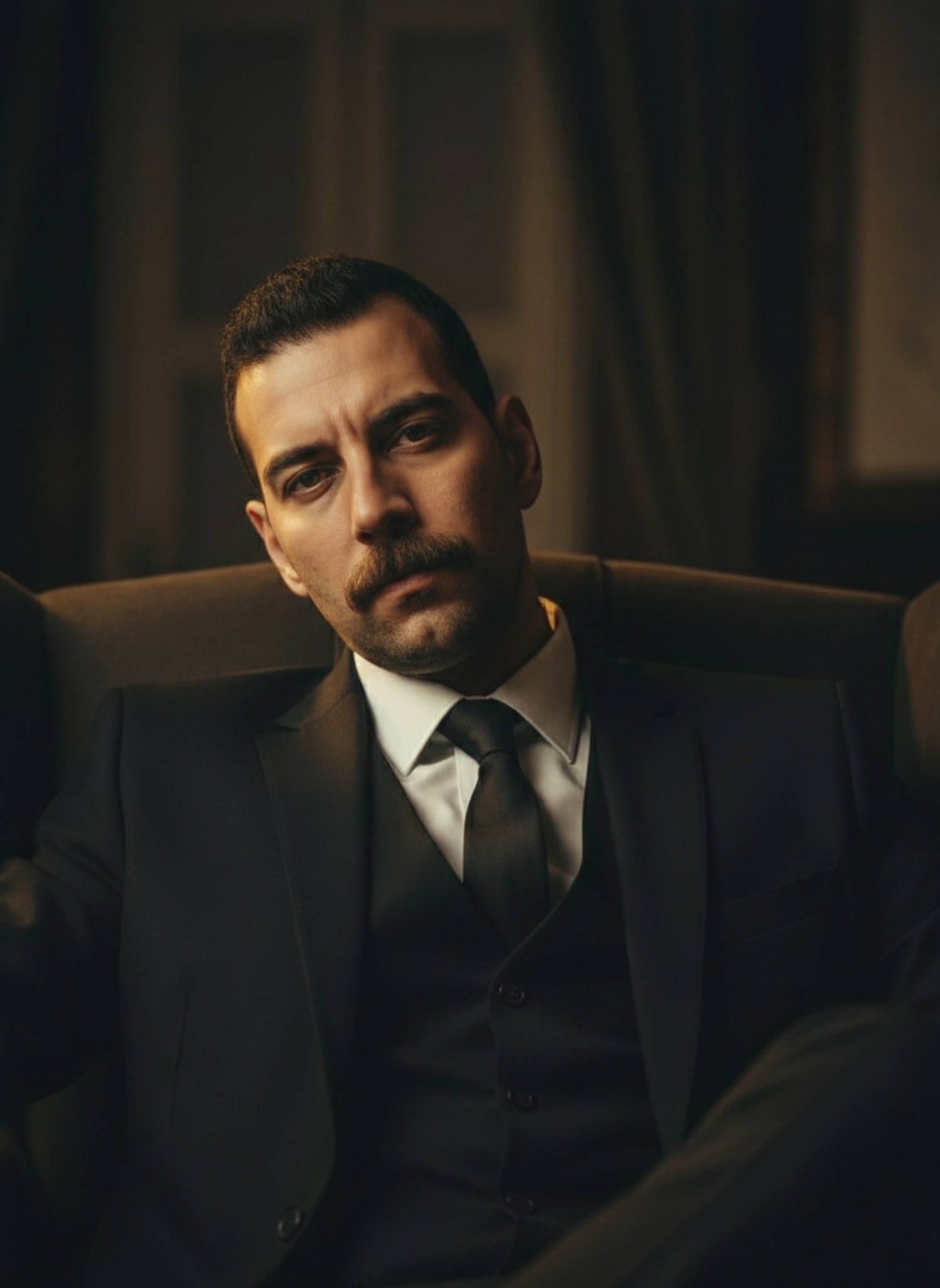 Person with skeptical expression seated in high-back chair in dark wood-paneled room