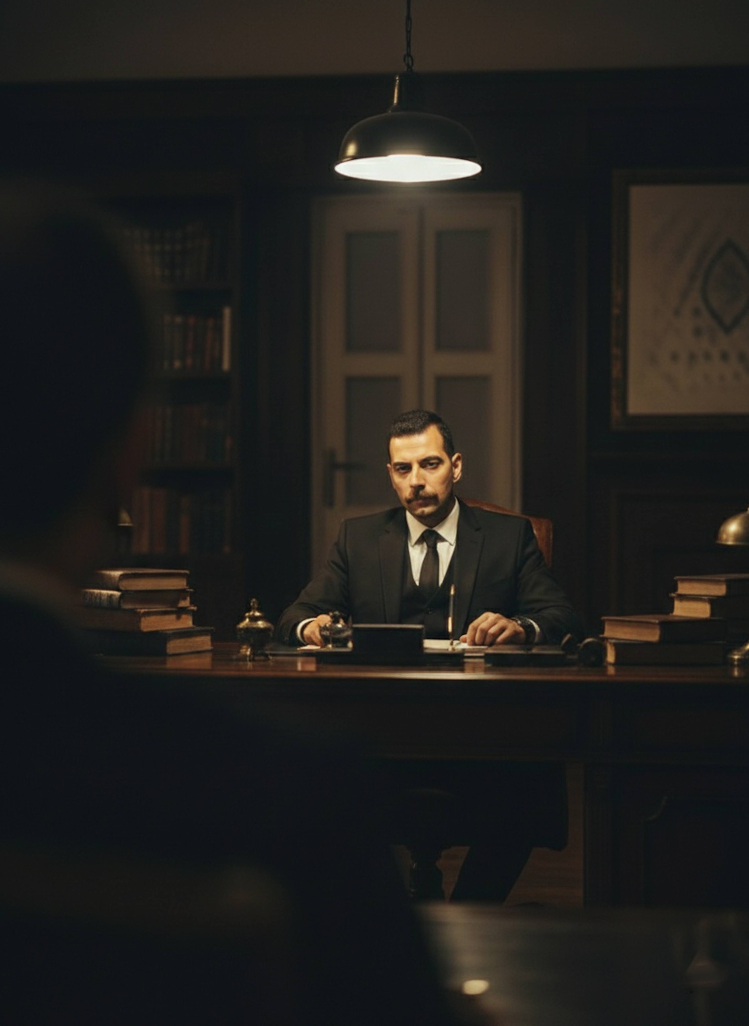 Over-the-shoulder view of person leaning into light across desk in intimidating office