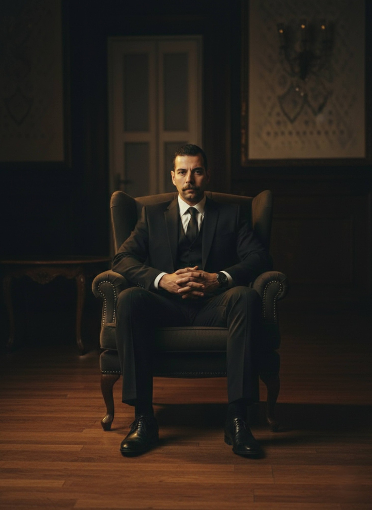 Person seated with folded hands projecting absolute authority in dimly lit grand ballroom