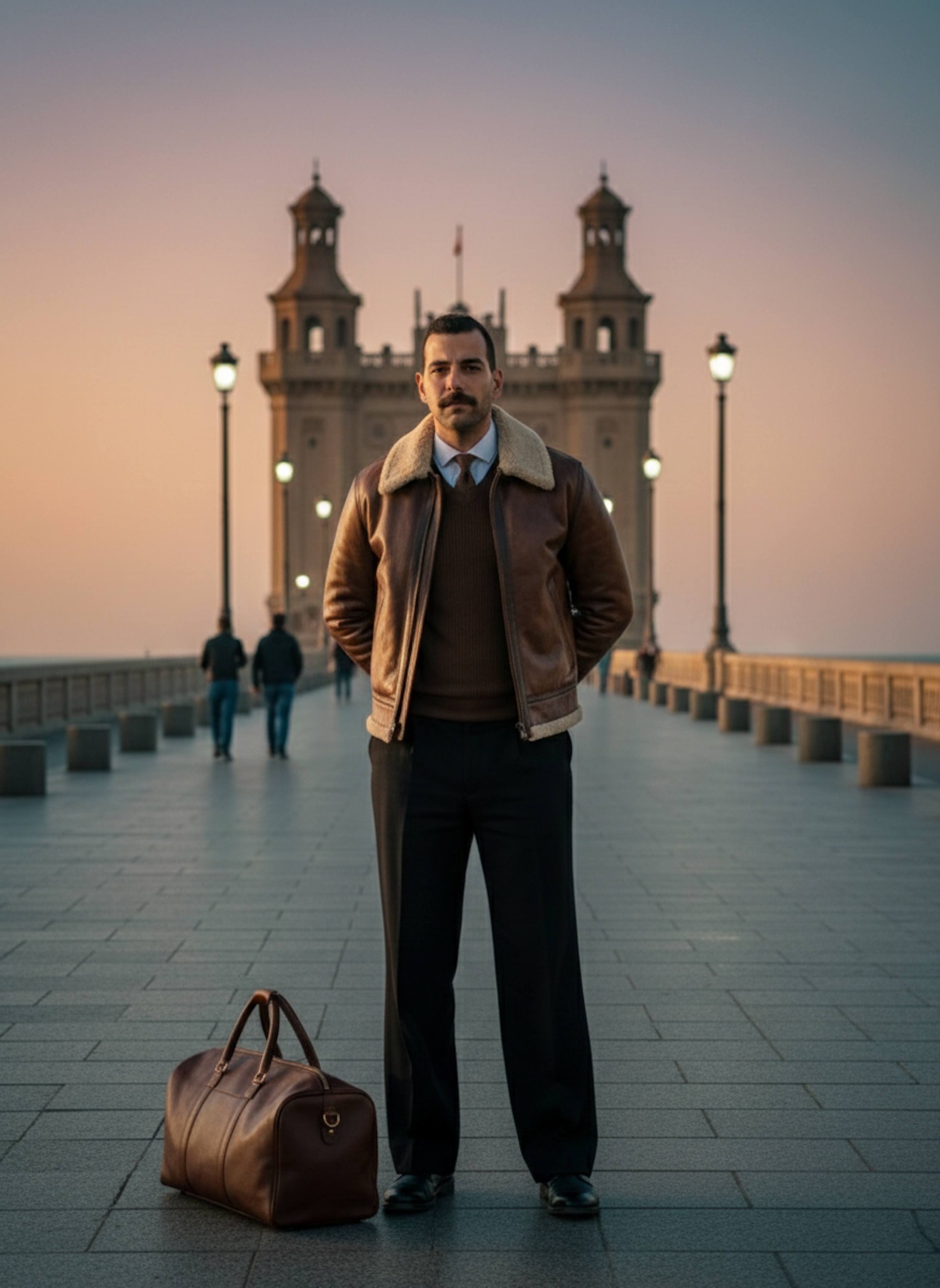 Person standing on Stanley Bridge at sunset with Mediterranean waves crashing below and bridge towers framing the warm teal-and-orange sky