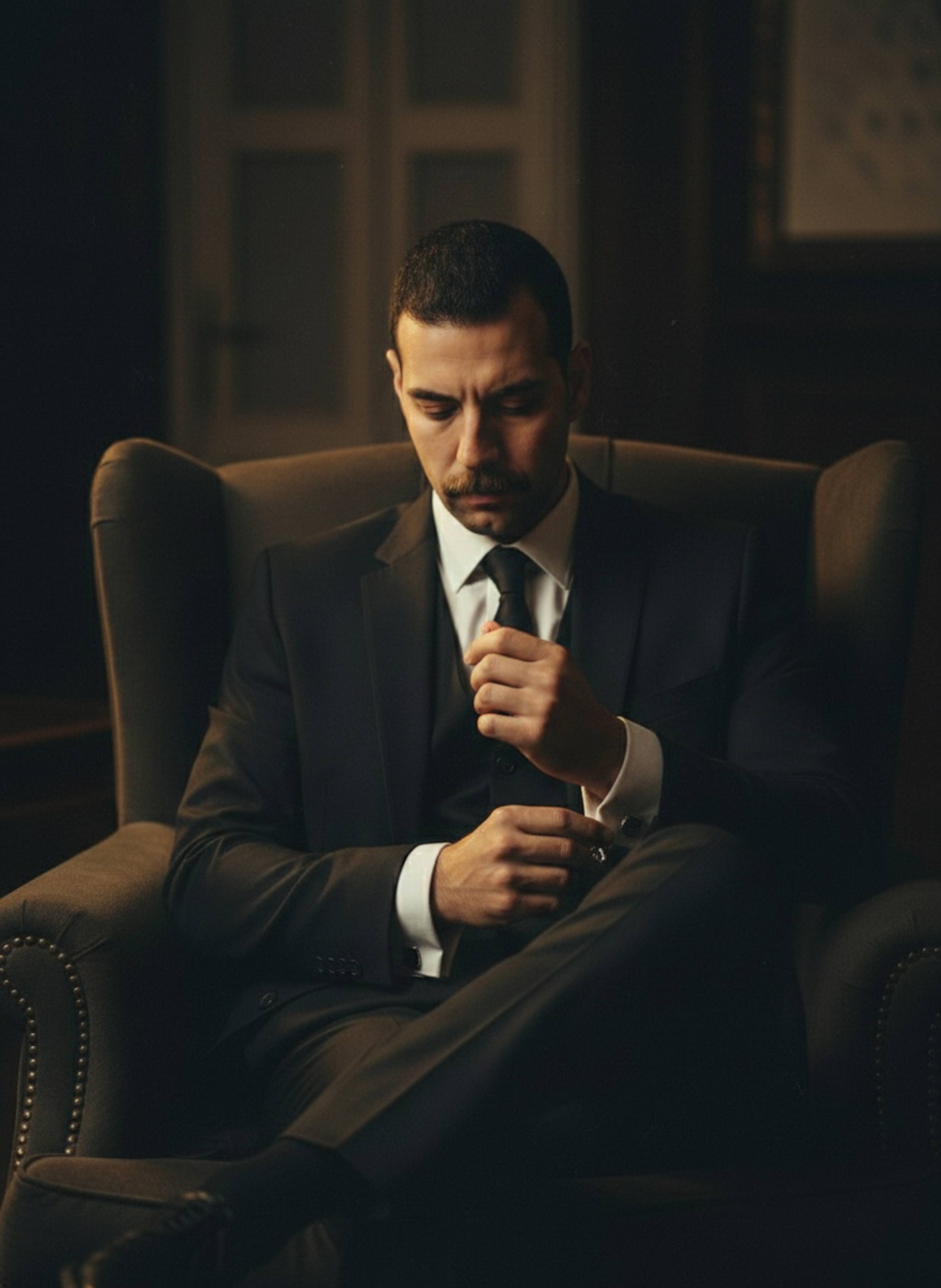 Close-up of person adjusting cufflink and glancing up with silent menace in dramatic side light