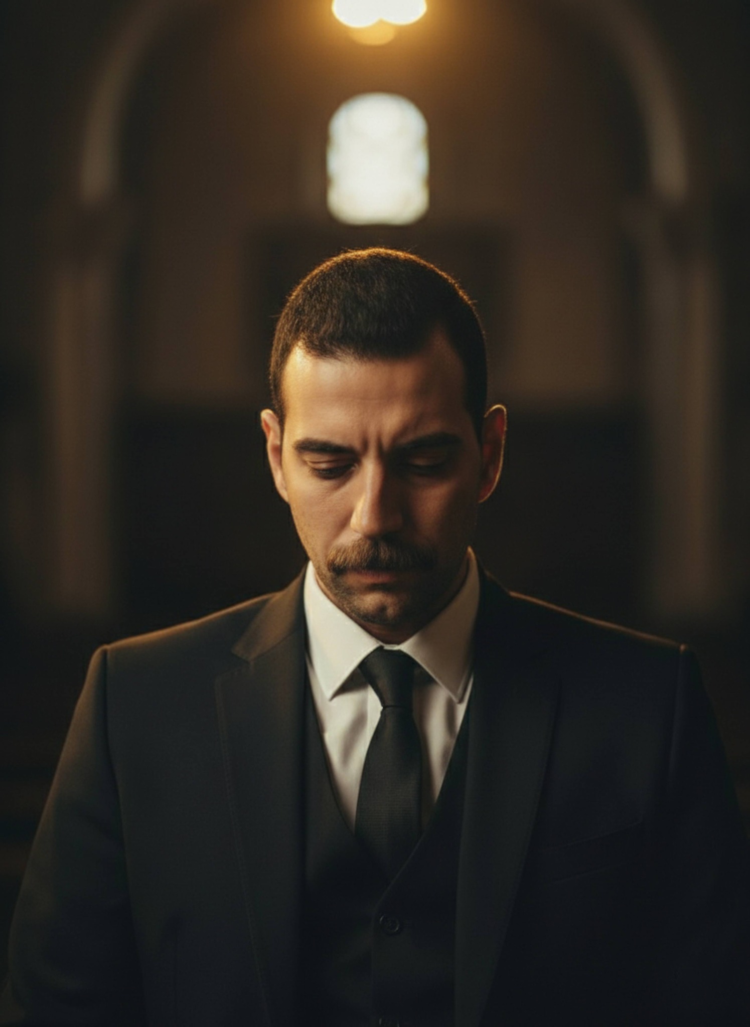 Person with bowed head in restrained sadness in dimly lit church interior with warm top-down light