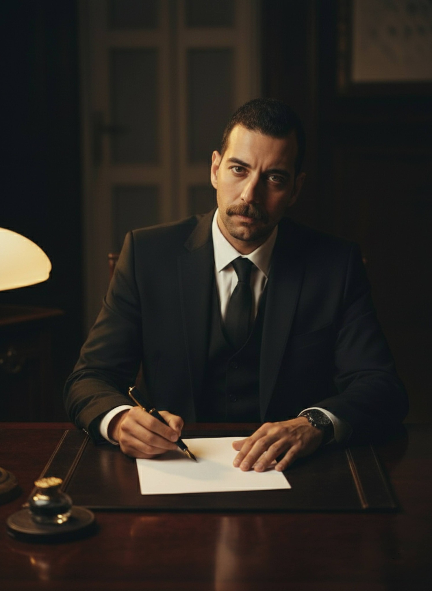 Person signing paper at mahogany desk with fountain pen looking up with cold business stare