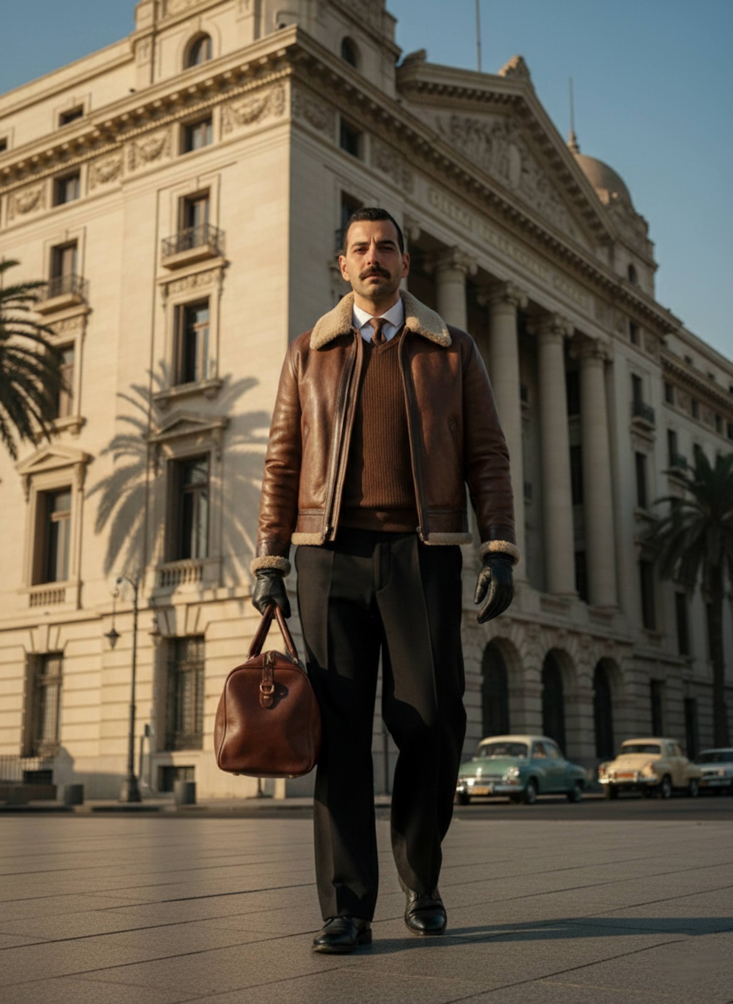 Person holding a leather bag in front of a grand colonial building with tall columns and vintage cars in Old Alexandria