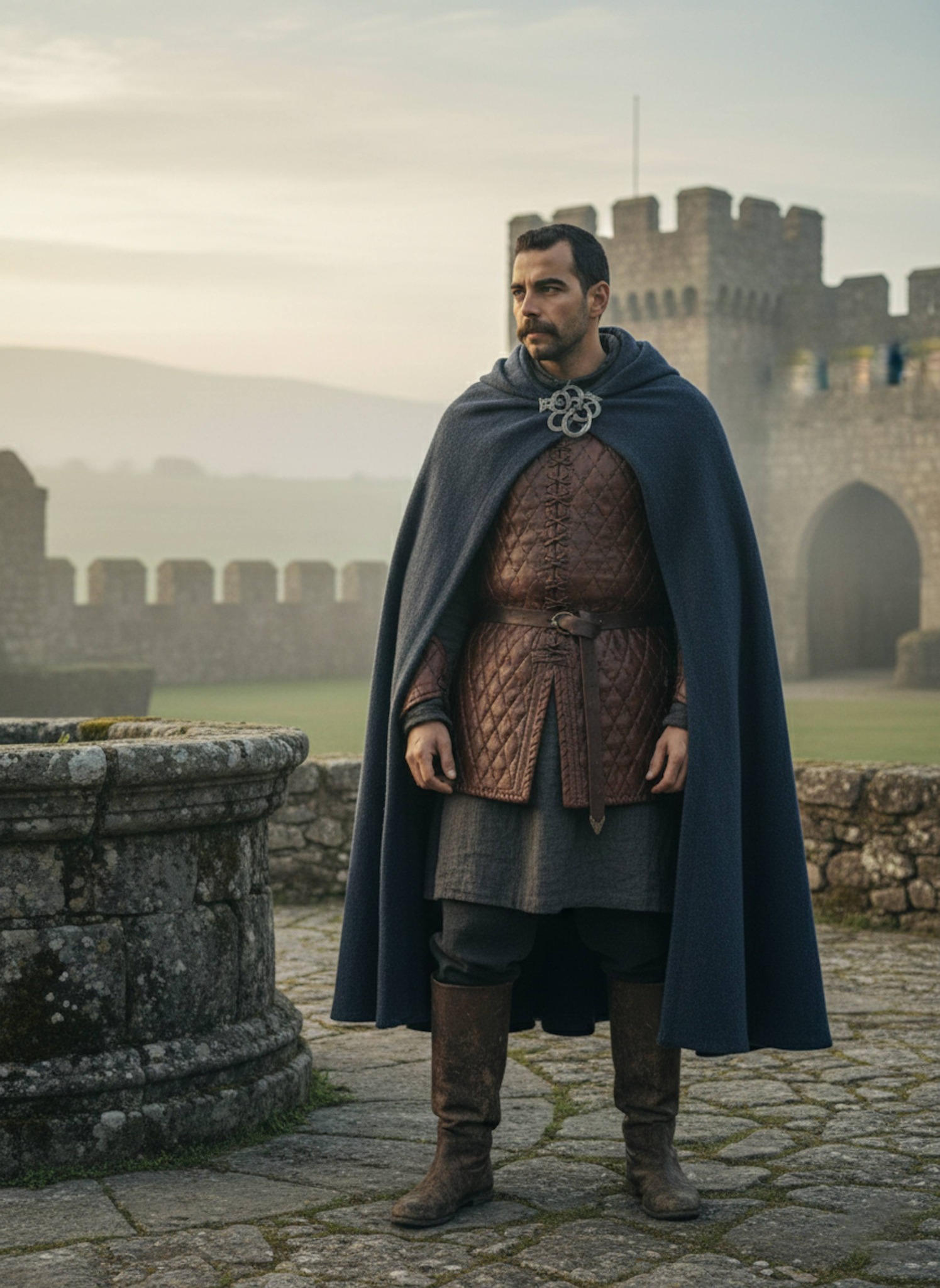 Person in leather gambeson and wool cloak standing in medieval stone castle courtyard at dawn