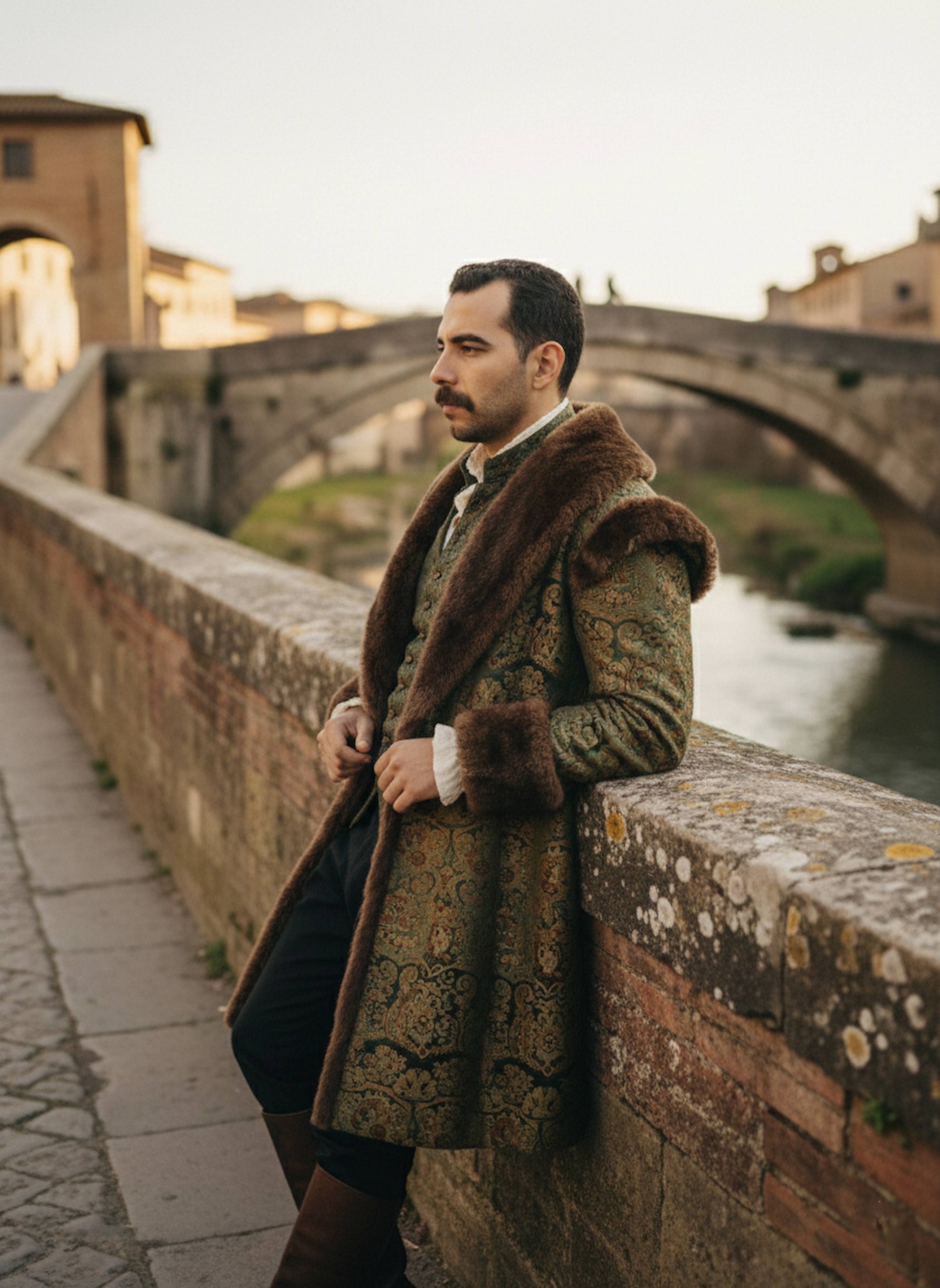 Person in heavy brocade overcoat with fur lapels on Renaissance stone bridge
